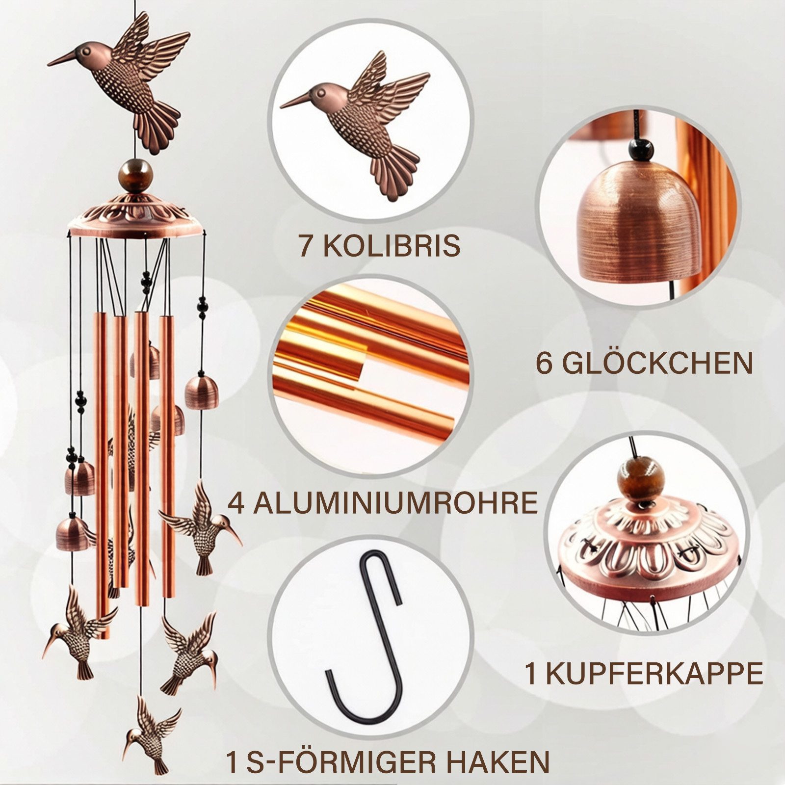 MOPUEA Windspiel Windspiele Für Draußen Schöner Klang mit 6 Glocken und 7 Dekorationen (1 St)