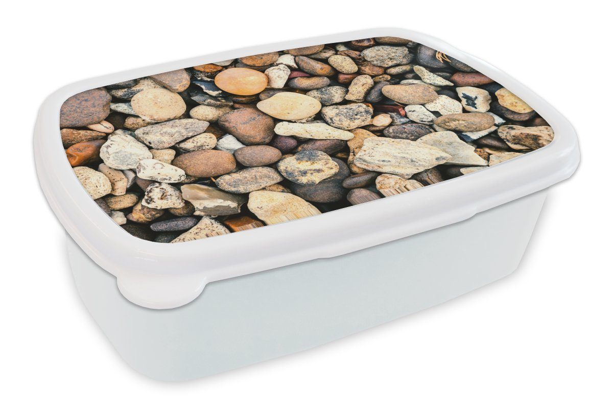 MuchoWow Lunchbox Kies - Steine - Naturstein, Kunststoff, (2-tlg), Brotbox für Kinder und Erwachsene, Brotdose, für Jungs und Mädchen weiß
