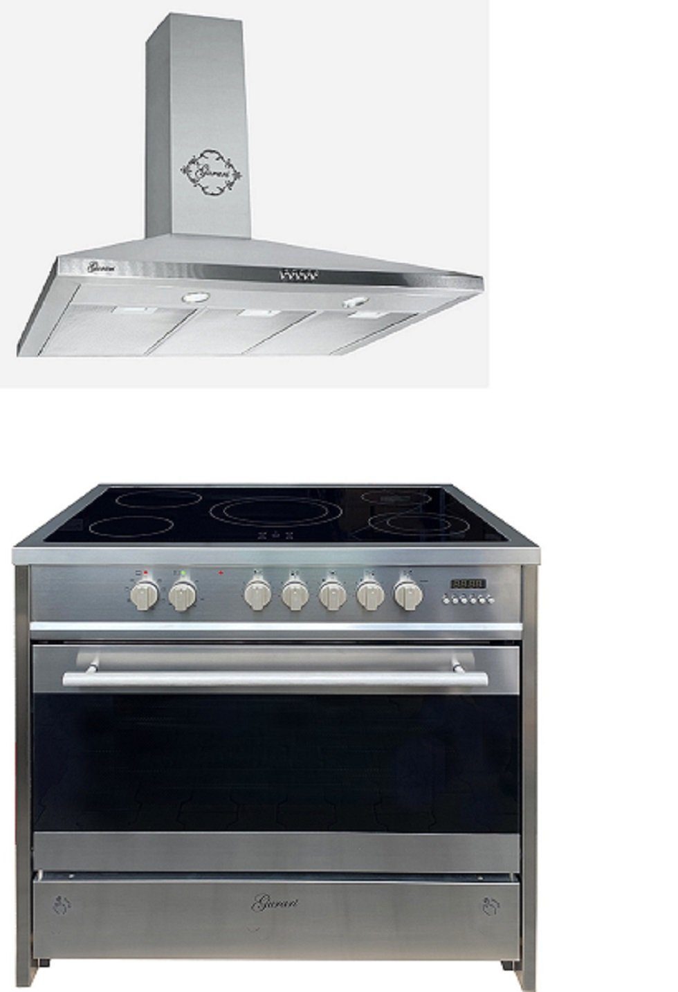GURARI Elektro-Standherd GCH E 912 X+ GCH 147 IS 9/3, mit 1-fach-Teleskopauszug, Elektro Standherd 90 cm/ Range Coocker +Dunstabzugshaube 90 cm