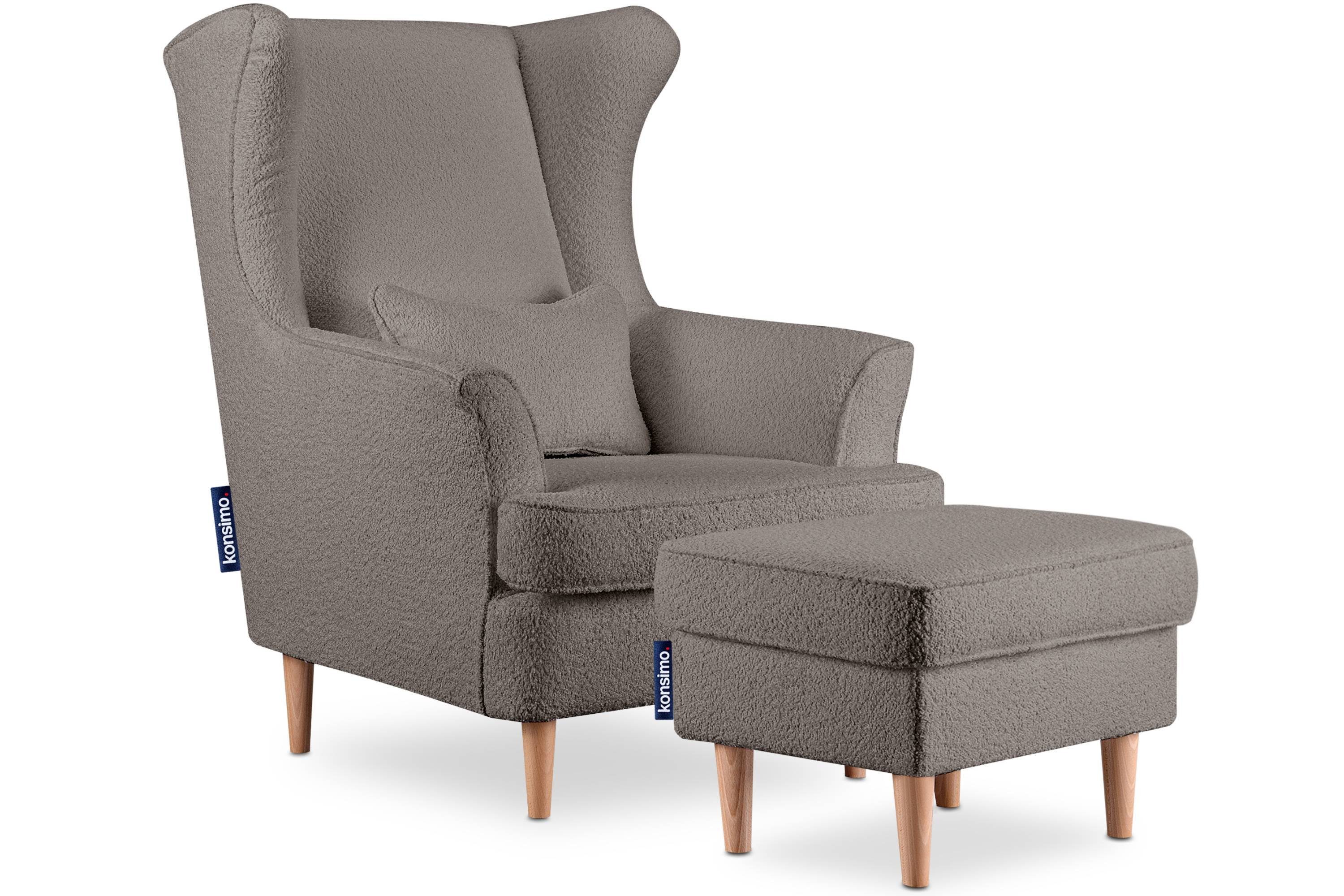 Sessel Kissen Ohrensessel mit Konsimo hohe Füße, inklusive Hocker, dekorativem zeitloses STRALIS Design,