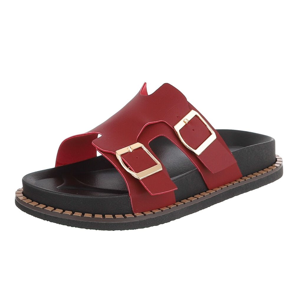 Ital-Design Damen Sandale mit Schnallen und Profilsohle Pantolette (91970950) Flach Pantoletten in Weinrot