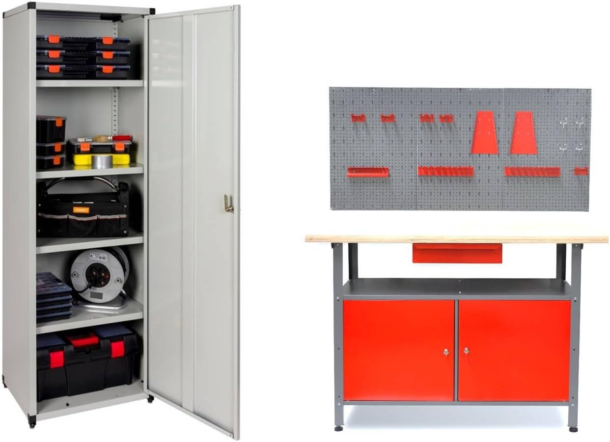 Kreher Werkstatt-Set Bundle: Werkbank 2 Türen + Metall-Lochwand + Metallschrank Maxi 60, (3-tlg)