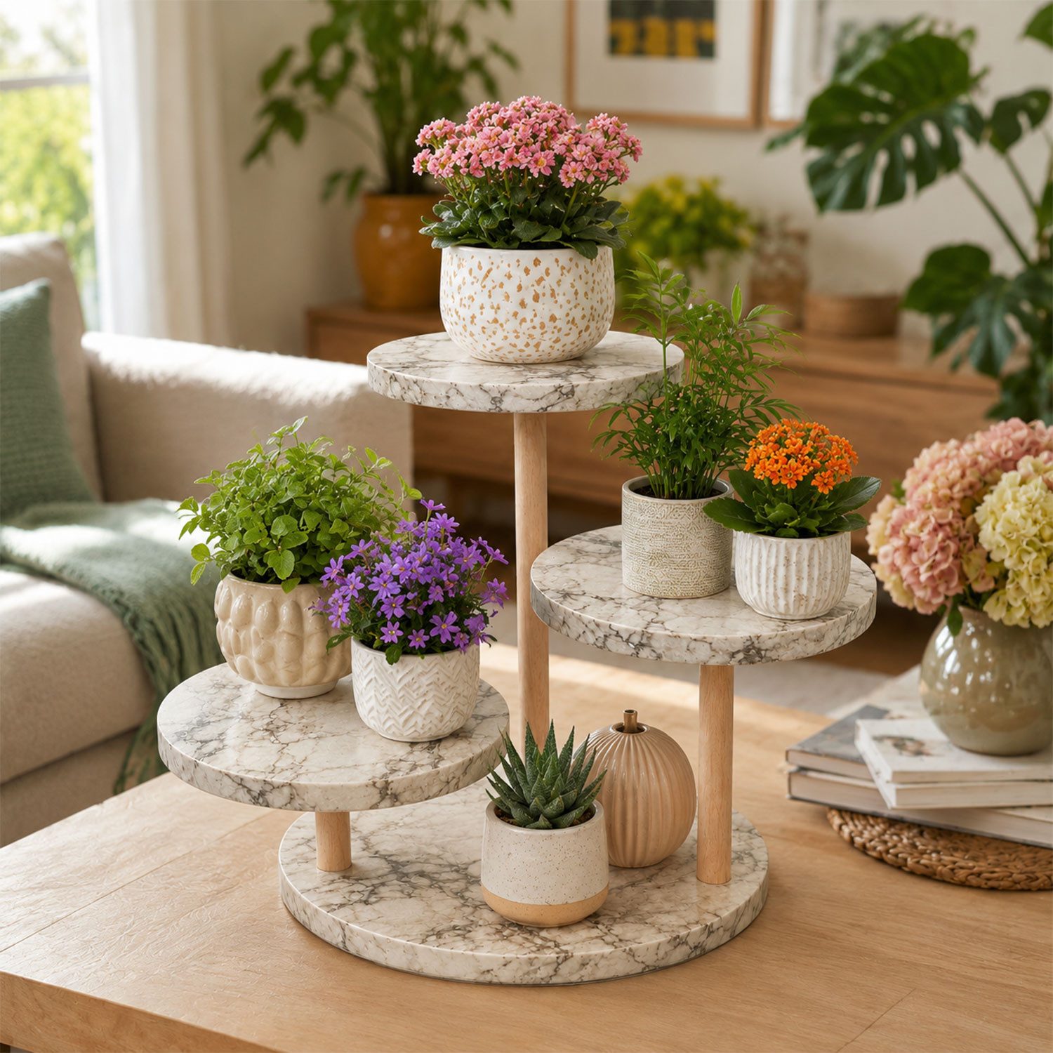 Jungengel Blumenständer 3-in-1 Standregal Blumenregal Tortenständer Servieretagere Cupcake (Einzelartikel, 3 Ebenen mit Holzsäulen und werkzeuglosem Drehsystem), 3-in-1 Etagere als Servierständer, Dekoregal und Pflanzenständer