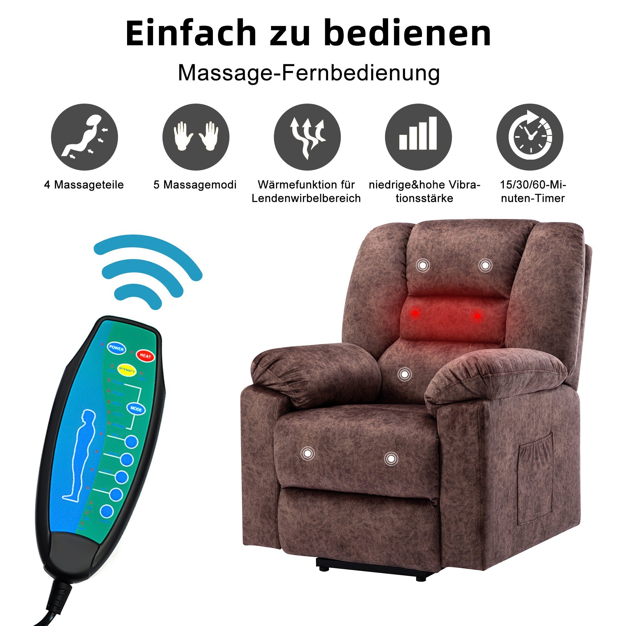 TV-Sessel (Fernsehsessel mit Aufstehhilfe, Schlafsessel, Relaxsessel, Massagesessel, Liegefunktion, Wärmefunktion und Vibrationsmassage), bis zu 150 kg belastbar, Stoff, Braun / Grau