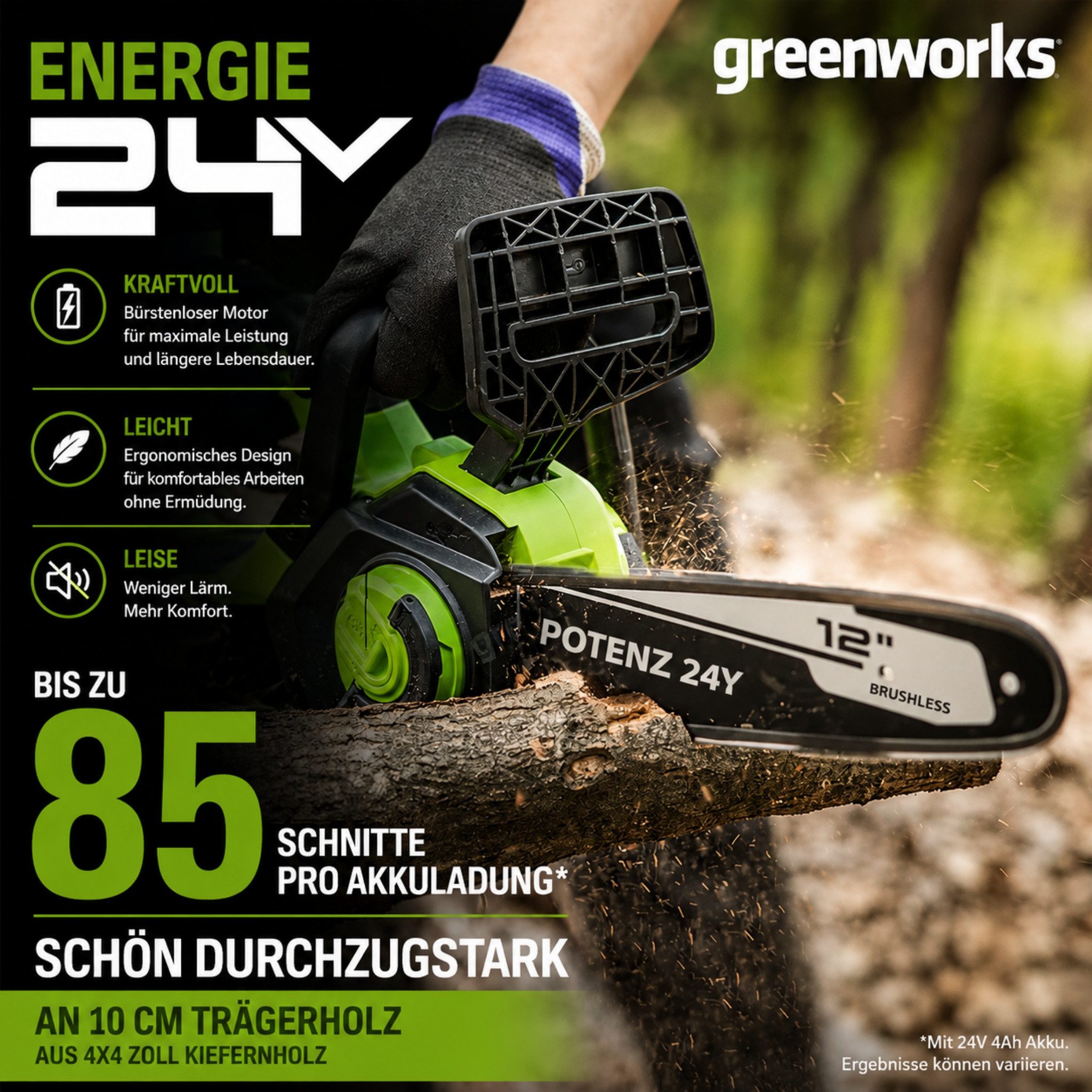 Greenworks Akku-Kettensäge Elektro-Kettensage 24V Brushless CSG4450 4.0Ah Akku & Schnellladegerät, 6''/12'' Mini Kettensäge automatischer Kettenschmierung für Heimbüro