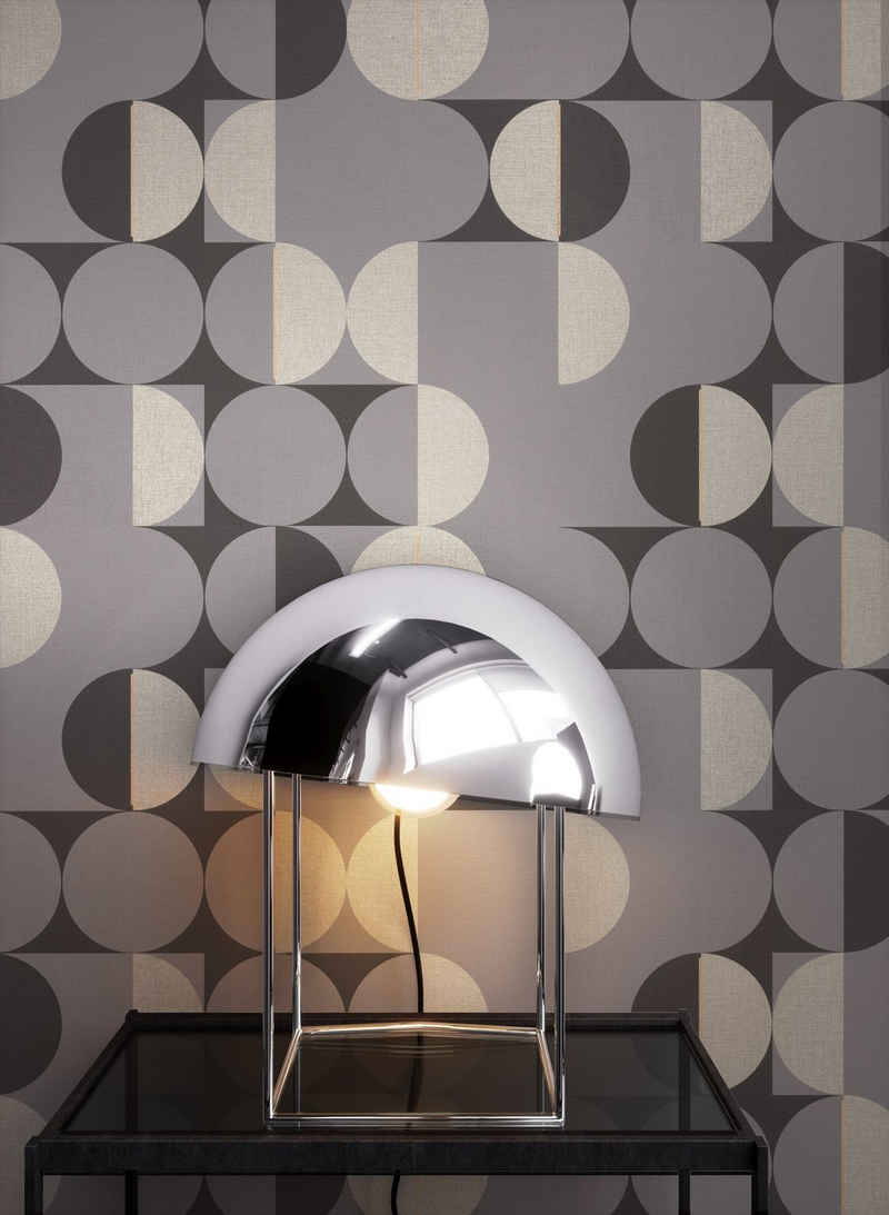 Newroom Vliestapete, Grau Tapete Modern Kreise - Mustertapete Retrotapete Schwarz Silber Retro Geometrisch Grafik Muster für Wohnzimmer Schlafzimmer Küche