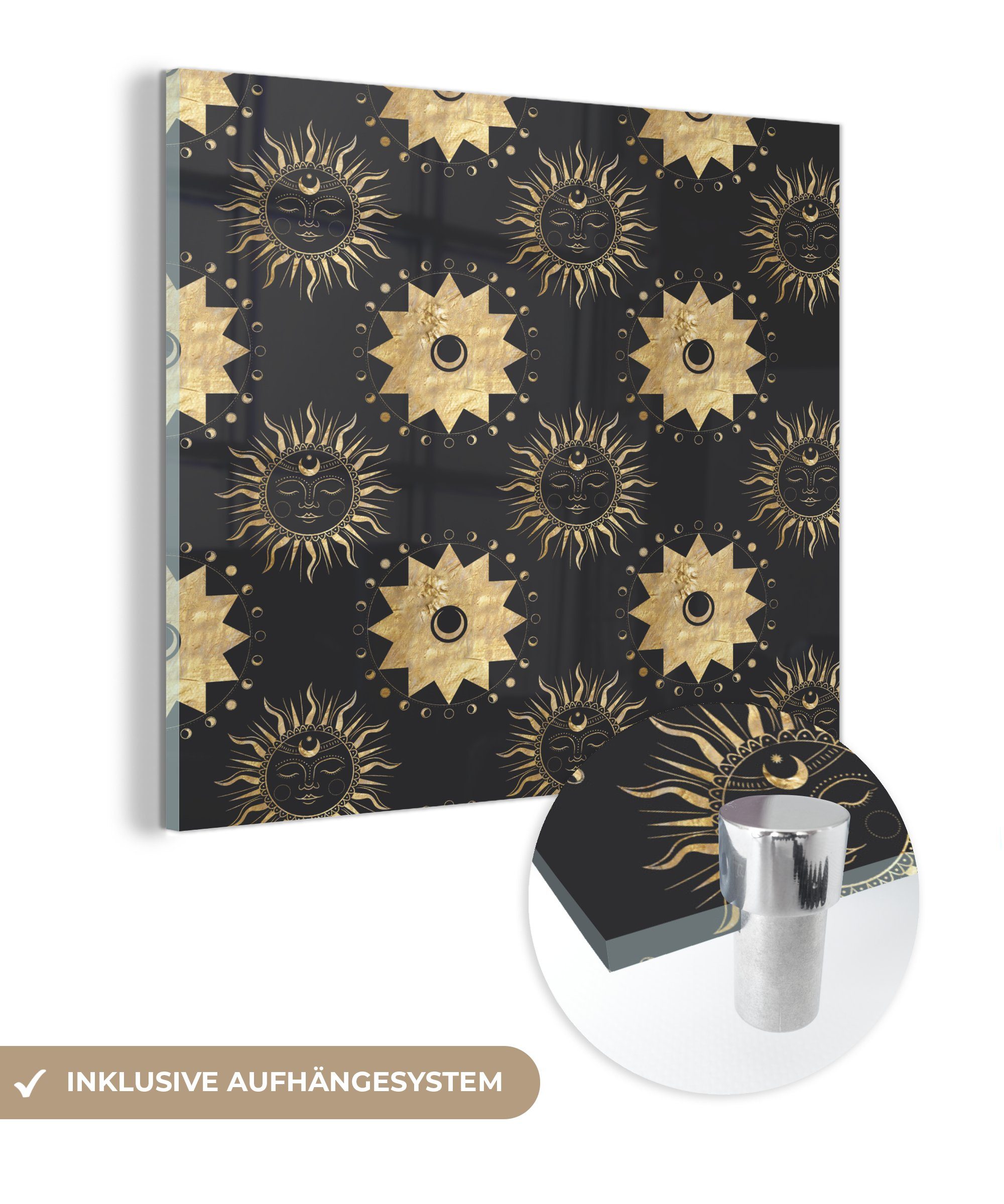 MuchoWow Acrylglasbild Muster - Sonne - Sterne - Gold, (1 St), Glasbilder - Bilder auf Glas Wandbild - Foto auf Glas - Wanddekoration