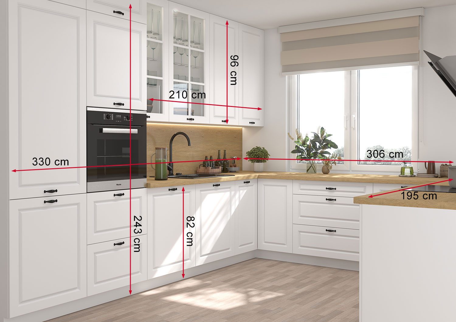 Feldmann-Wohnen Küchenzeile Pescara, (Schubladen mit Teilauszug + Selbsteinzug (Blum Metabox), 330x306x195cm weiß / RAL 9003 signalweiß matt (K5), 15-teilig