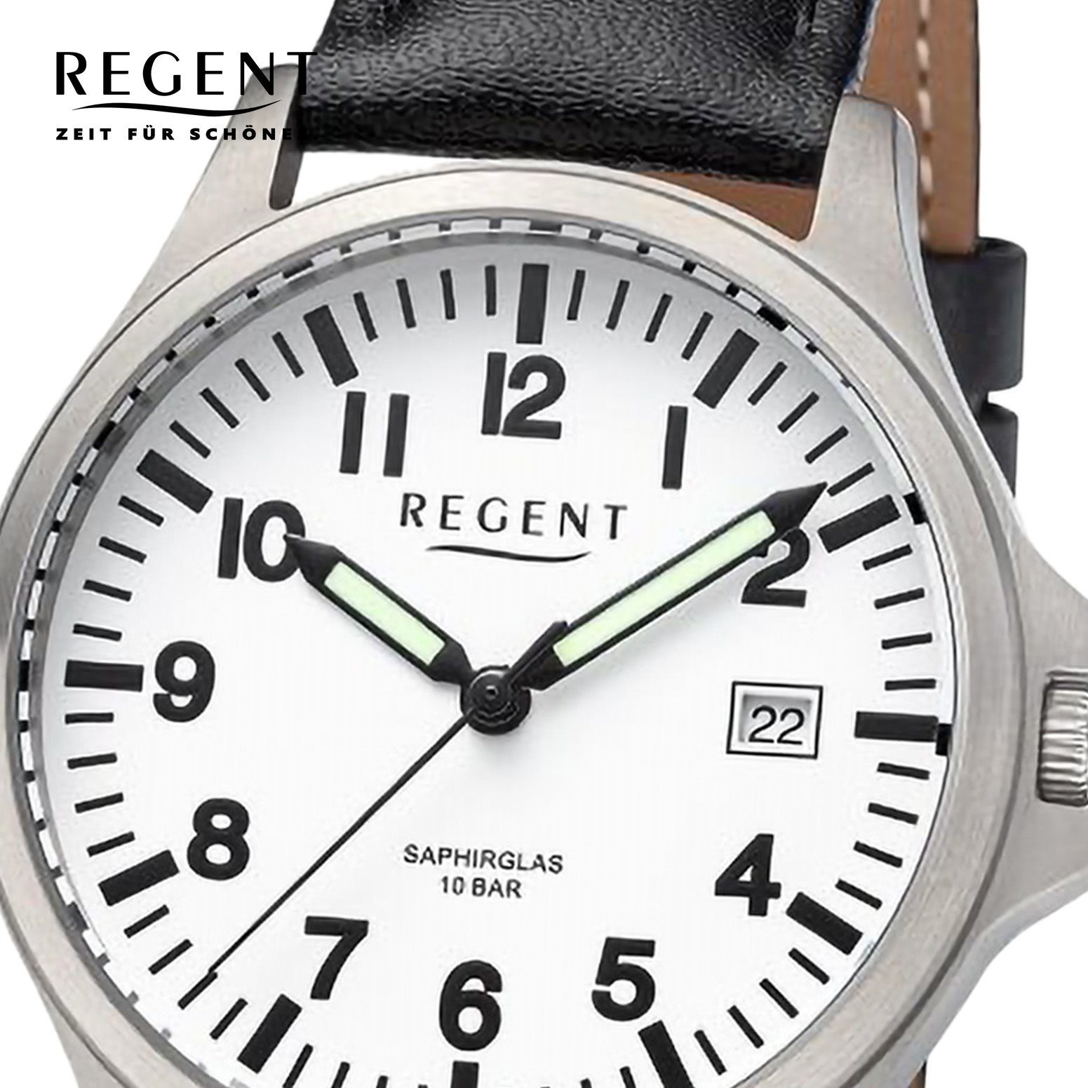 Regent Quarzuhr Regent Herren Armbanduhr Analog, Herren Armbanduhr rund,  extra groß (ca. 36mm), Lederarmband, Titangehäuse