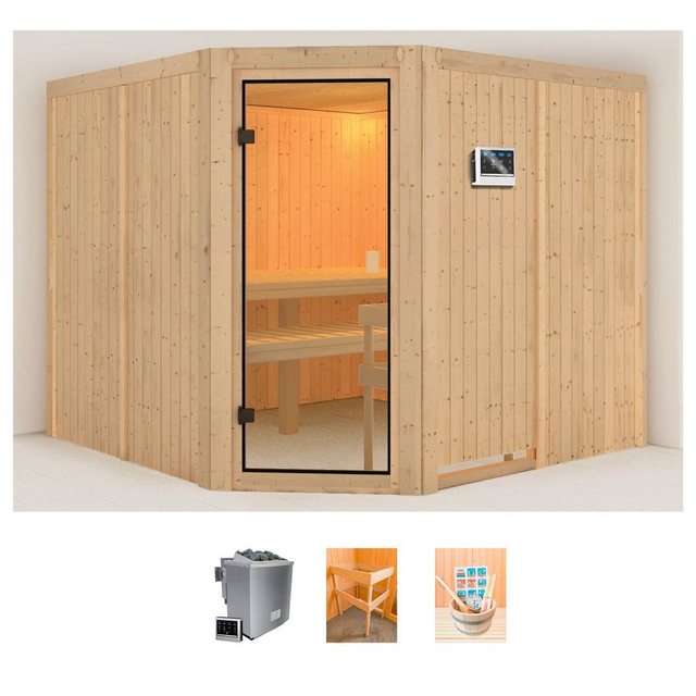 welltime Sauna »Edina«, BxTxH 231 x 231 x 198 cm, 68 mm, (Set) 9 kW Bio Ofen mit ext. Steuerung, mit 6 tlg. Zubehörset  - Onlineshop Otto