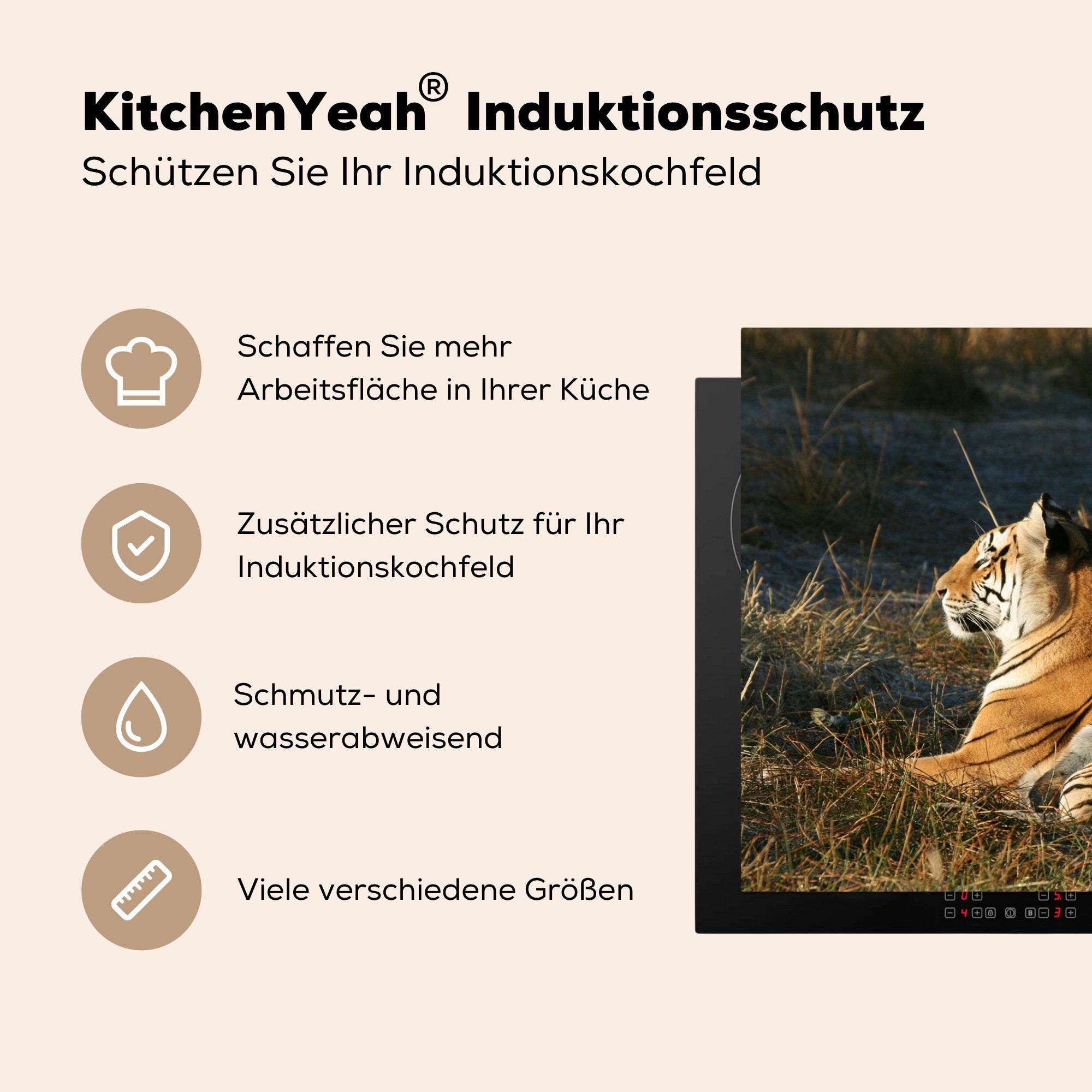 MuchoWow Herdblende-/Abdeckplatte Tiger - Gras, küche, Ceranfeldabdeckung cm, für Induktionskochfeld - Schutz die (1 81x52 Vinyl, tlg), Sonne