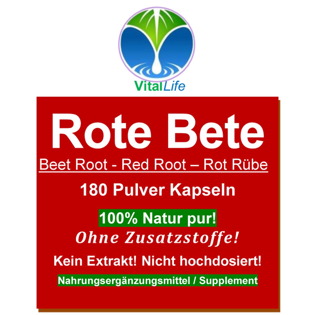 VitalLife Rote Beete rote Bete reines Wurzel-Pulver. NATUR Pur OHNE Zusatzstoffe Kapseln, 4 er Dose à 180 St., 420 g, Art. 26316-720