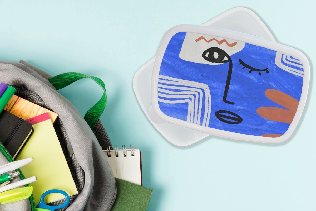 MuchoWow Lunchbox Gesicht für Kunststoff, Erwachsene, Jungs Blau Mädchen und Kinder und Brotbox Abstrakt, weiß - Brotdose, - (2-tlg), für