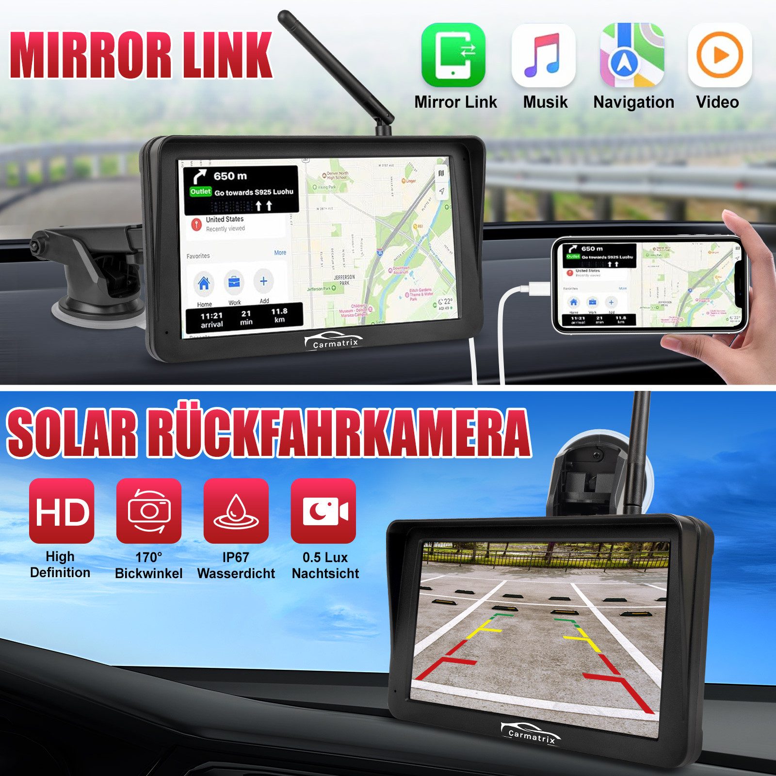 CARMATRIX WA8-7 Rückfahrkamera (HD Solar Funk Video Rückfahrsystem mit CarPlay Android Auto, Rückfahrkamera mit Solarpanel Nummernschild Kennzeichenhalter)