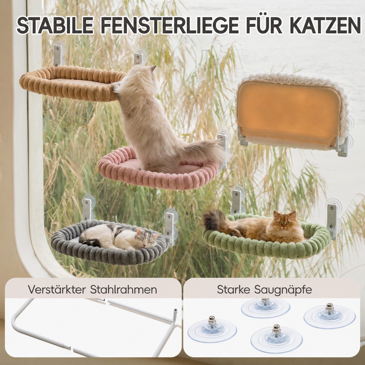 AIMAX Katzenliege Katzen-Hängematte, Fensterliege für Katzen, faltbar, 52 × 30 cm, Katzenhängematte Fenster mit Saugnäpfen und Plüschrand, für Katzen