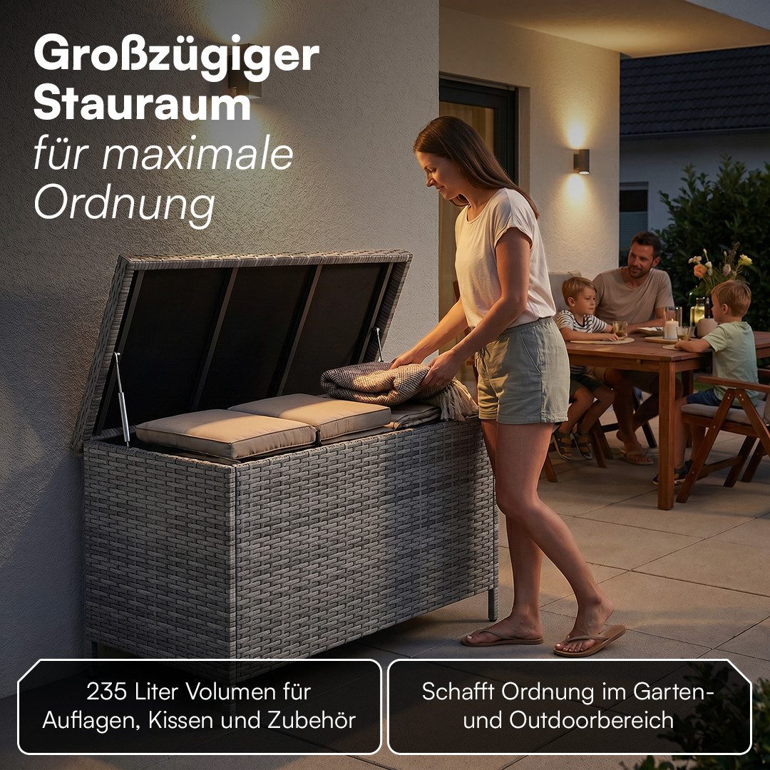 STEELSØN Aufbewahrungsbox Serion Gartenkiste aus Polyrattan (grau, 110 x 55 x 60 cm), herausnehmbare Innenplane, wetterfeste Gartenbox mit Metallgestell