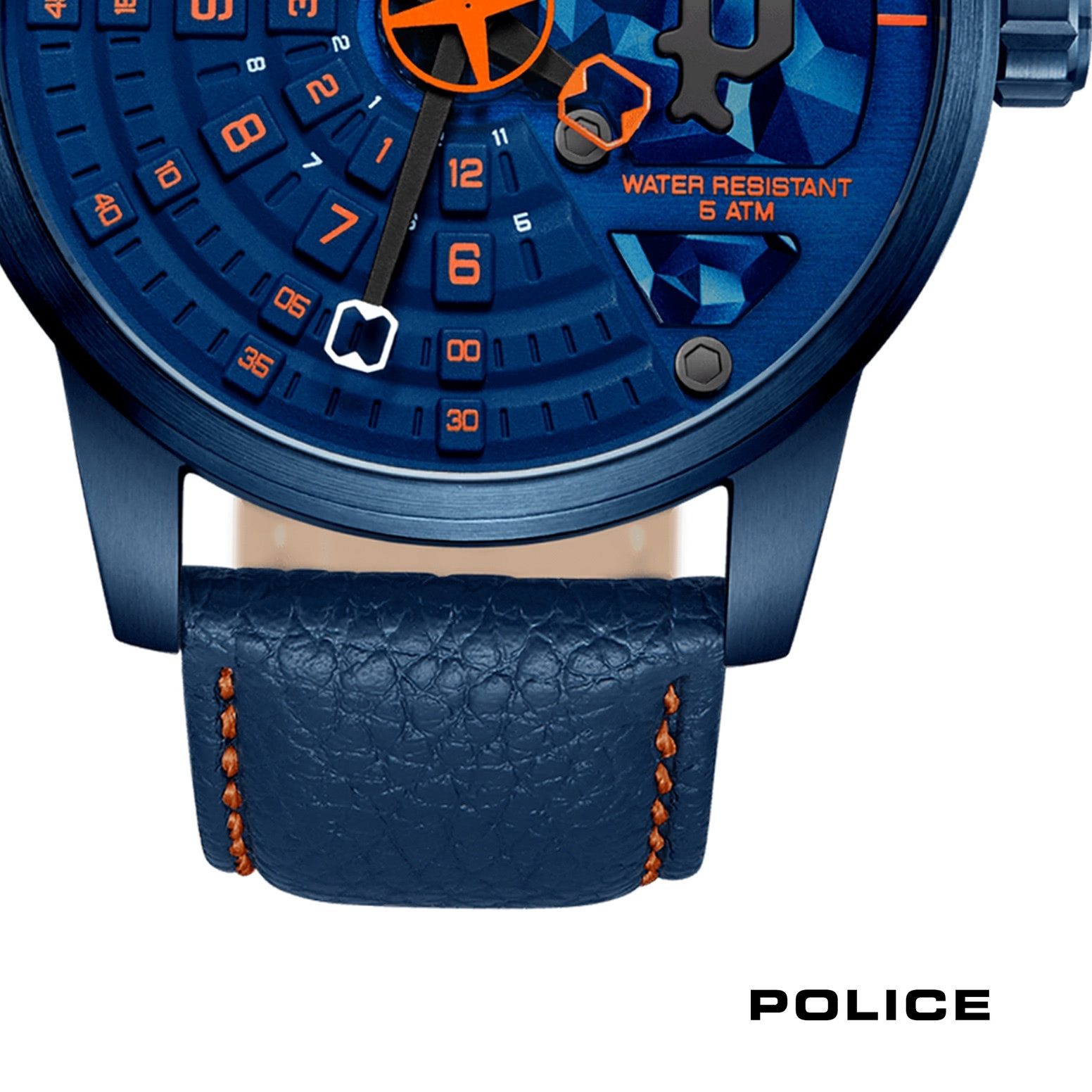 Police Quarzuhr Police Herrenuhr Leder blau orange, (Analoguhr), Herrenuhr rund, extra groß (ca. 46x54,5mm) Lederarmband