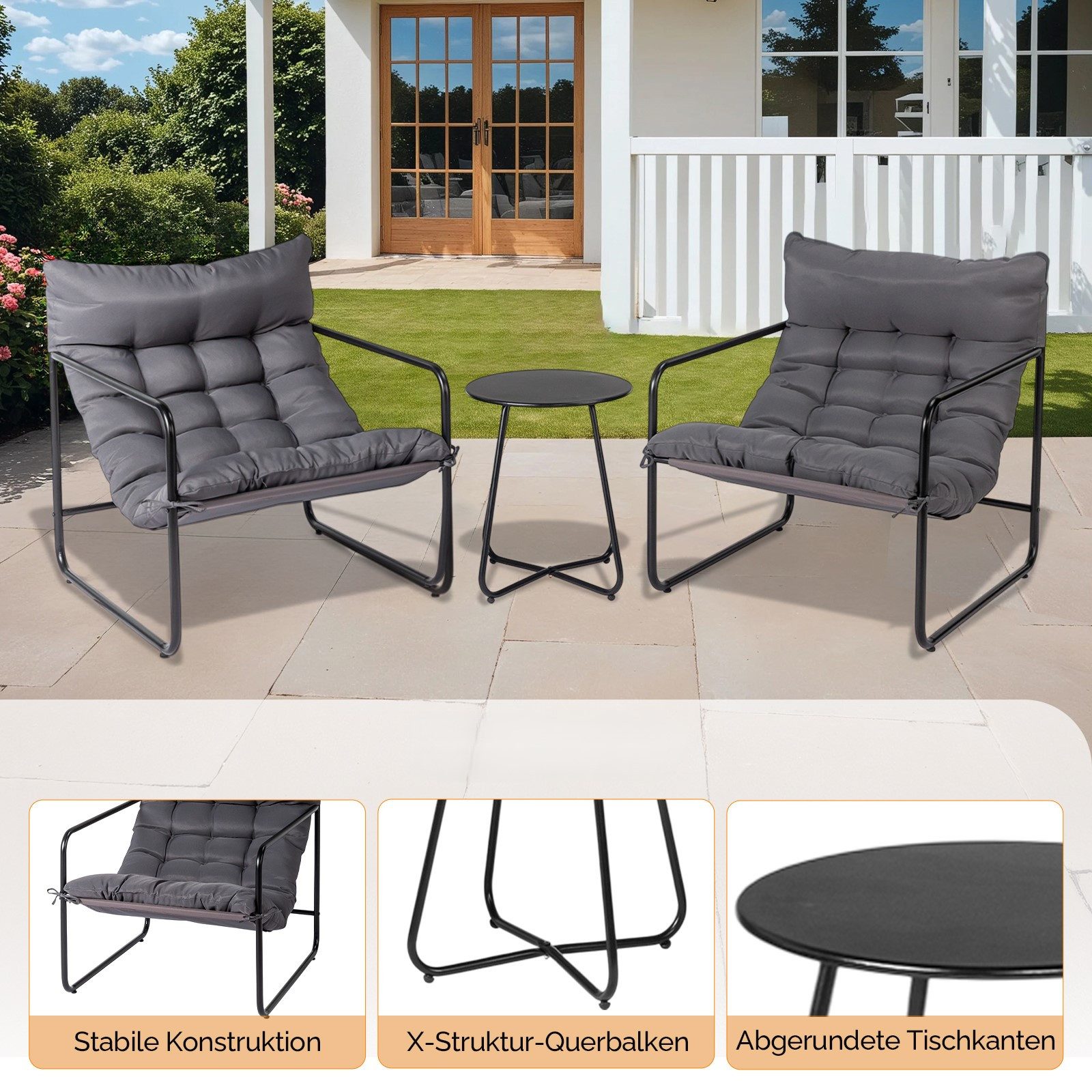 VINGLI Balkonset Gartenmöbel Set 3 teilig für Indoor und Outdoor, Grau/Weiß – Bild 3 von 5