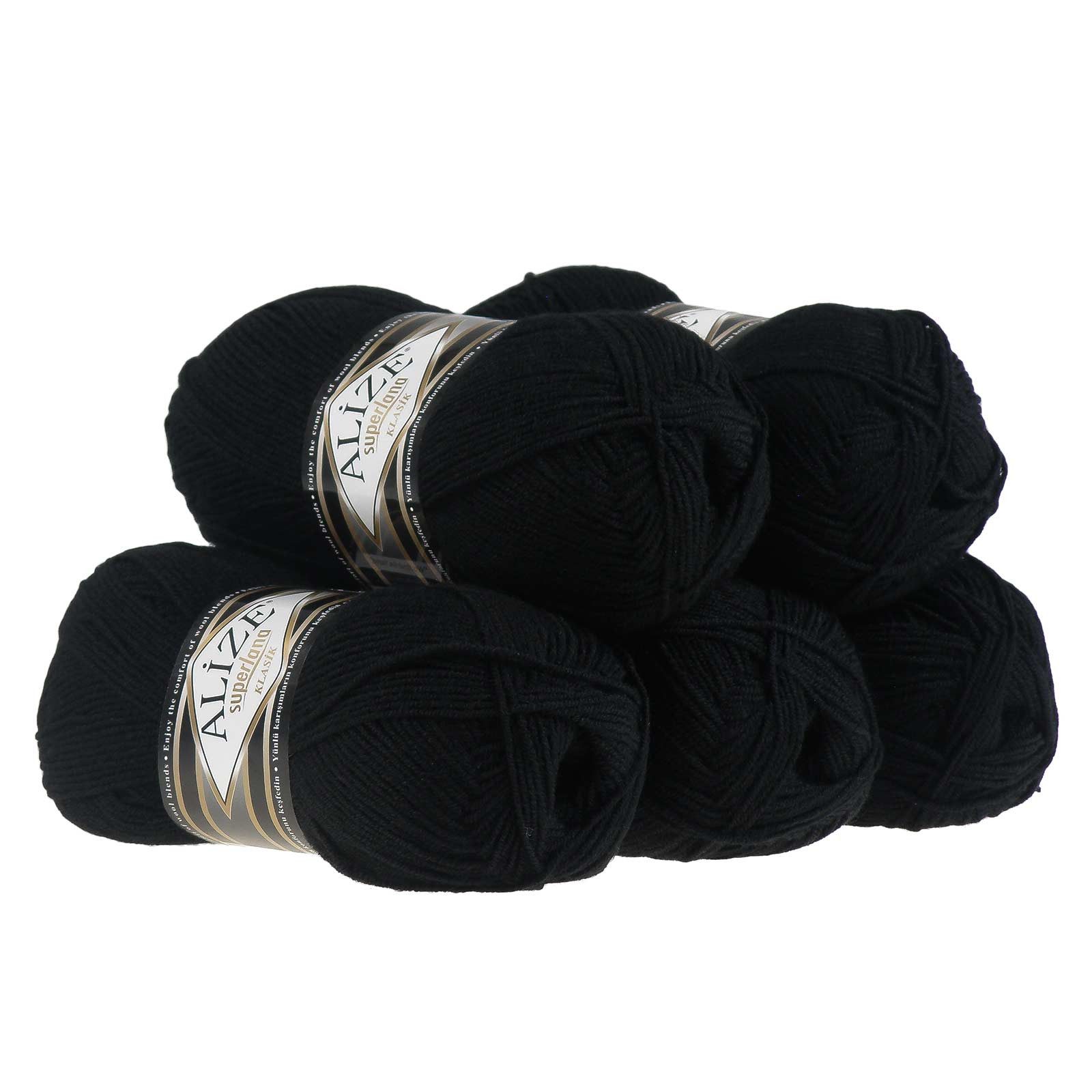 Alize Alize Superlana Klasik uni 5 x 100g Strickgarn Strickwolle 25% Wolle Häkelwolle, 1400 m (Sparpaket), 60 schwarz