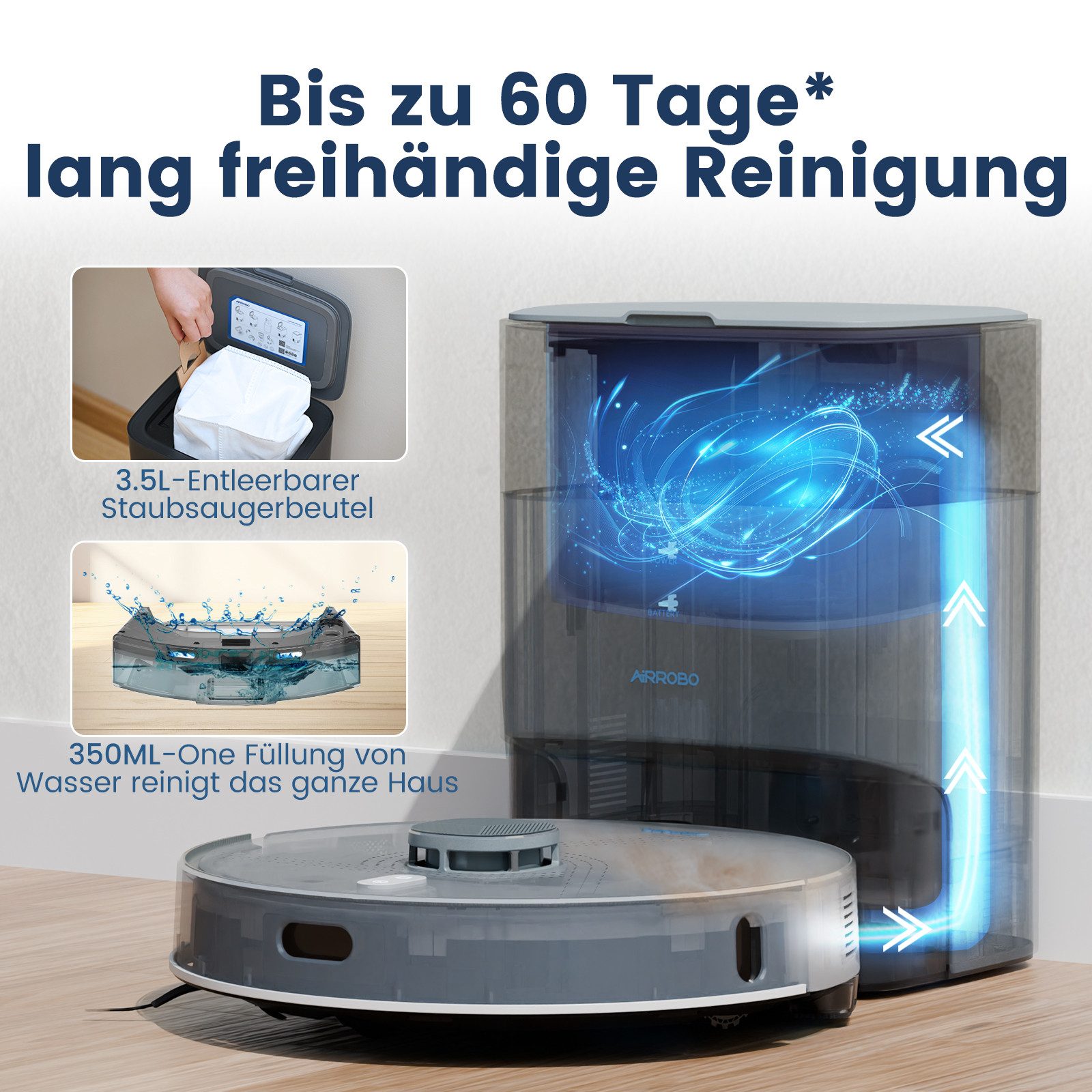 AIRROBO Nass-Trocken-Saugroboter L50+ Roboterstaubsauger mit Wischfunktion und Absaugstation, 55 W, 5500 Pa Saugkraft, 75 Tage freihändige Reinigung, LDS-Navigation, Antitangle-Gummibürste, ideal für Tierhaare, 240 Min. Laufzeit