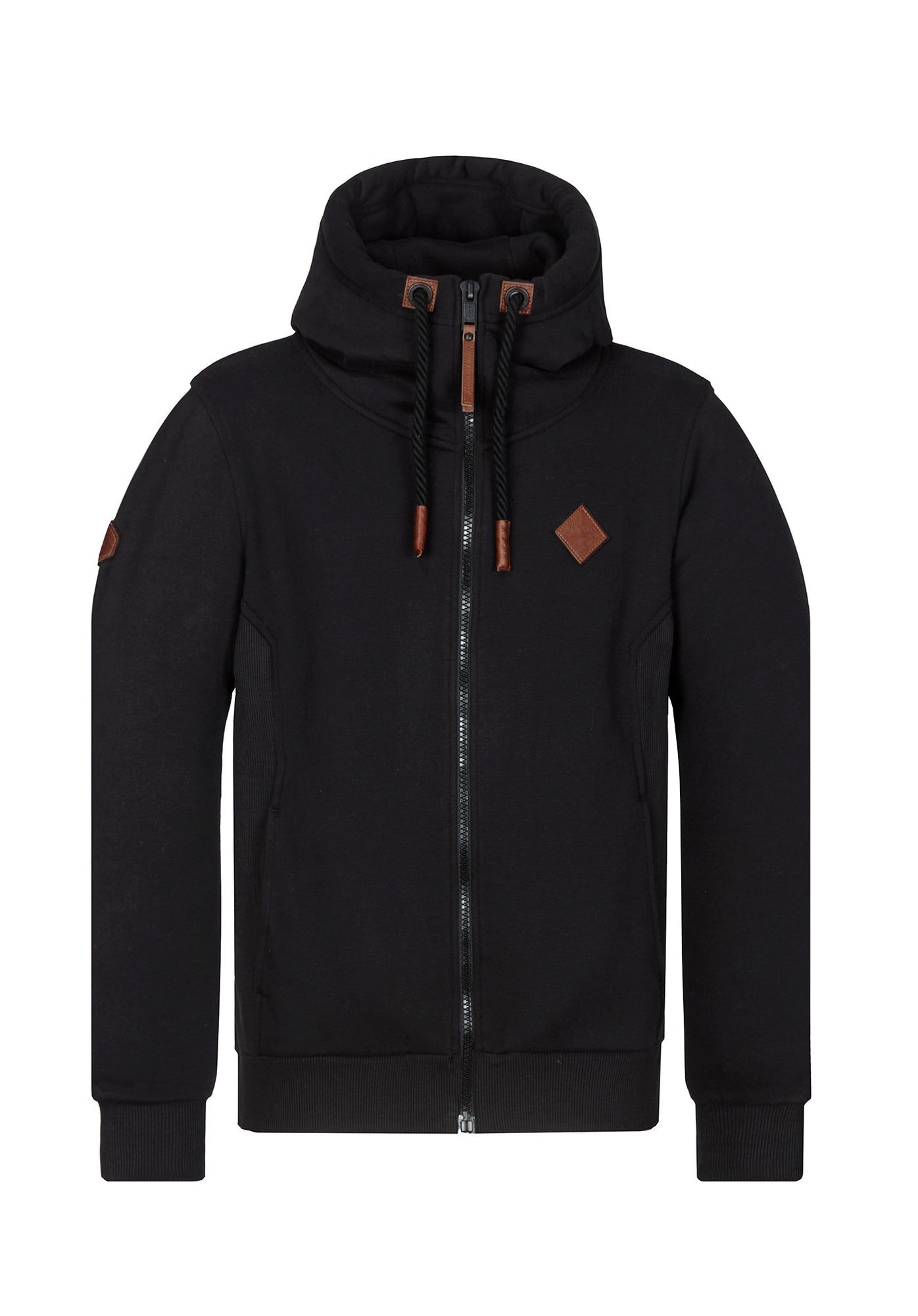 naketano Sweatjacke Herren mit Kapuze, breiter Stehkragen, melierte Sweatware, Kordelzug Eingrifftaschen, Rippbündchen, Kunstleder-Logo, casual, Streetwear