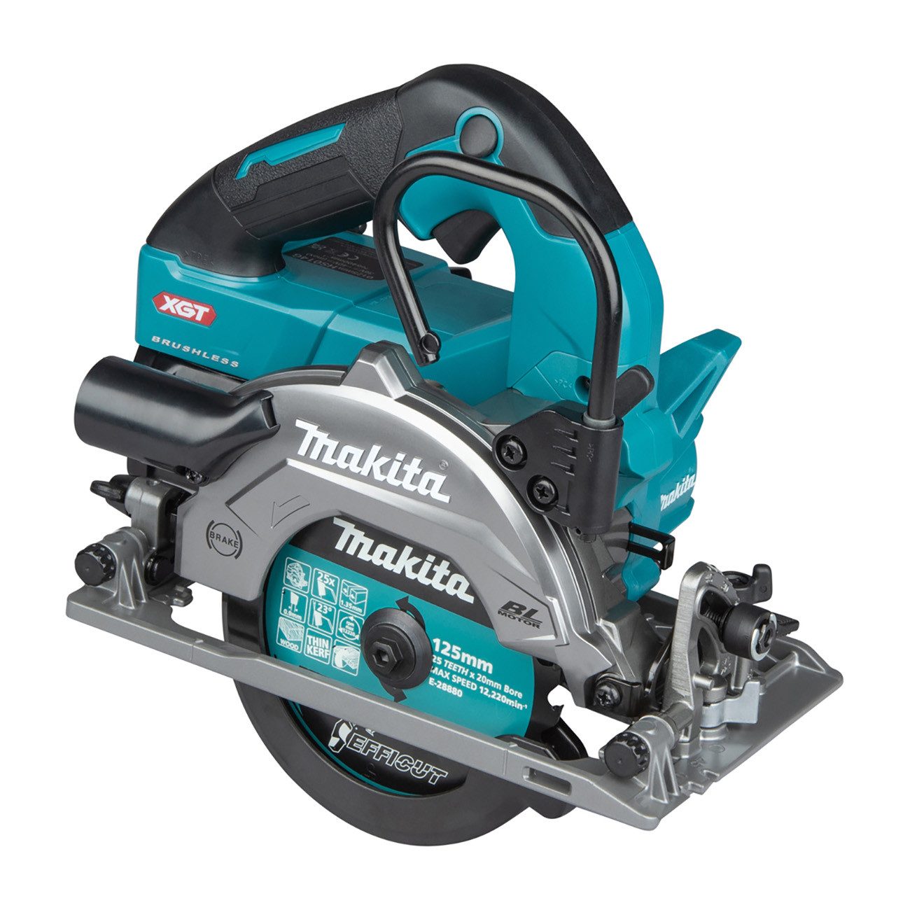 Makita Akku-Handkreissäge HS014GZ, Sologerät, inkl. Absaugstutzen, Stiftschlüssel, Kreissägeblatt, 40 V, 125 mm Sägeblatt