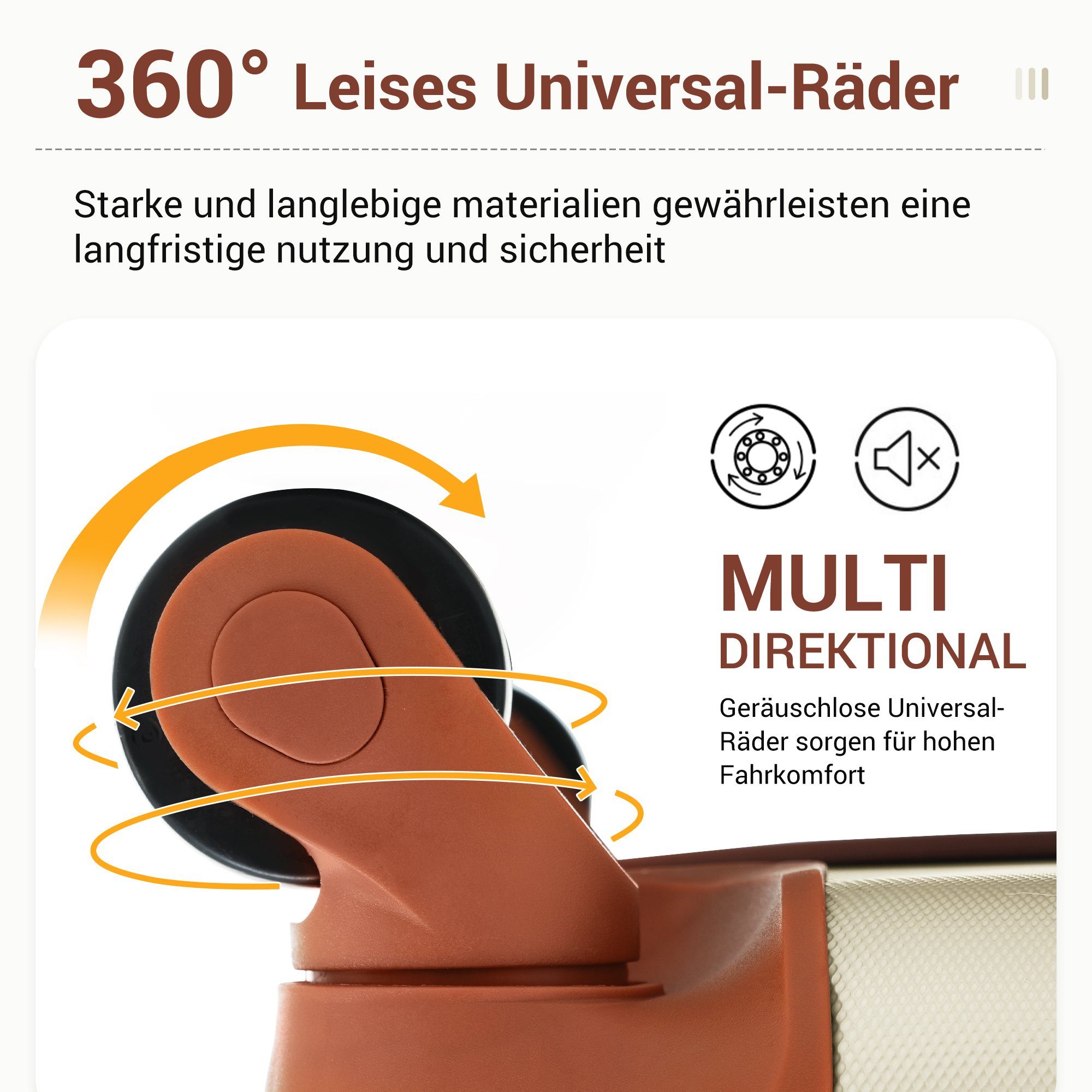 51*32*75cm Hartschalen-Trolley, Rollen, und Sweiko mit Zahlenschloss, Koffer Cremeweiß+Braun 360°-Schwenkrollen 4