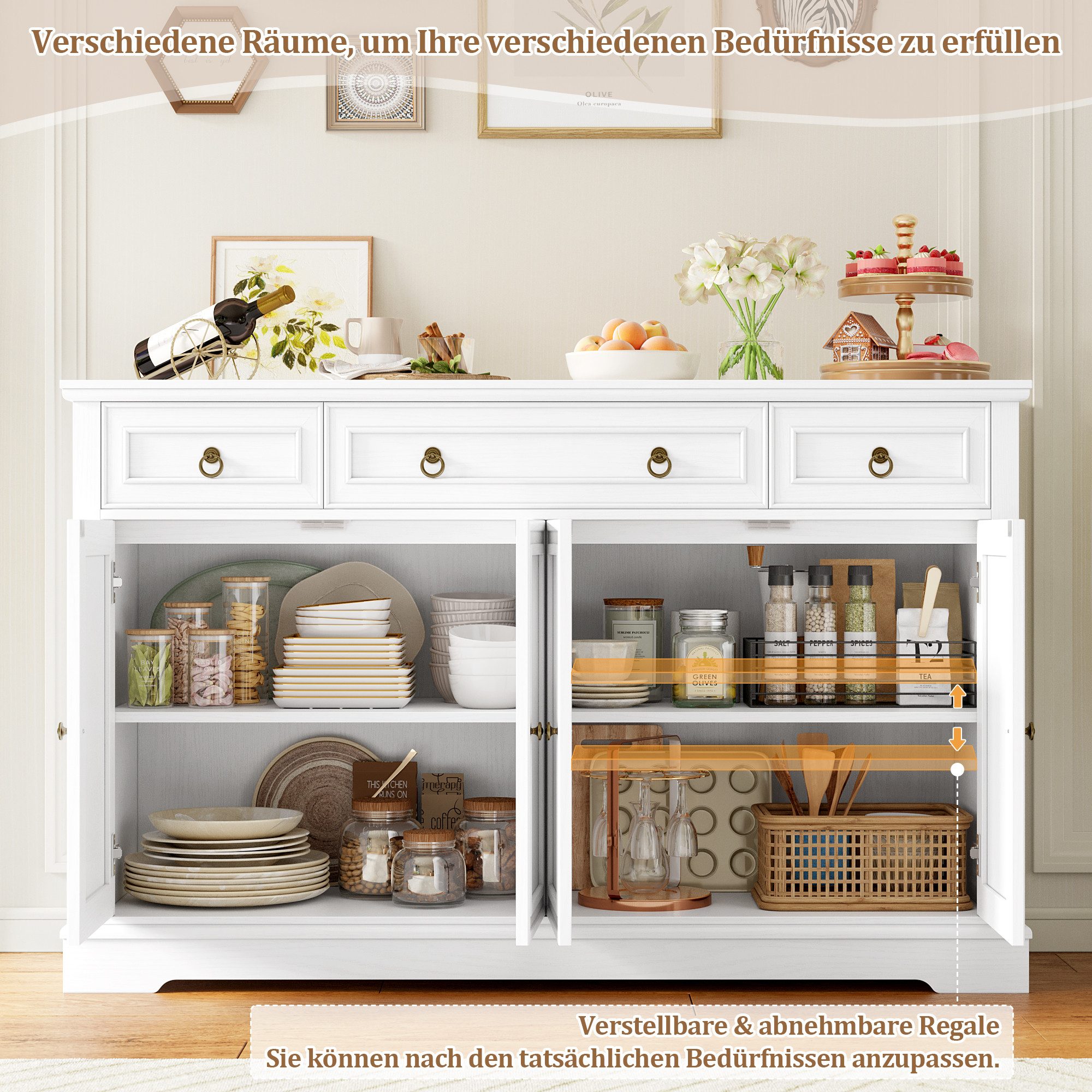 Homfa Sideboard für Wohnzimmer Küche, Küchenschrank Buffetschrank mit 3 Schubladen 4 Türen TV-Schrank weiß