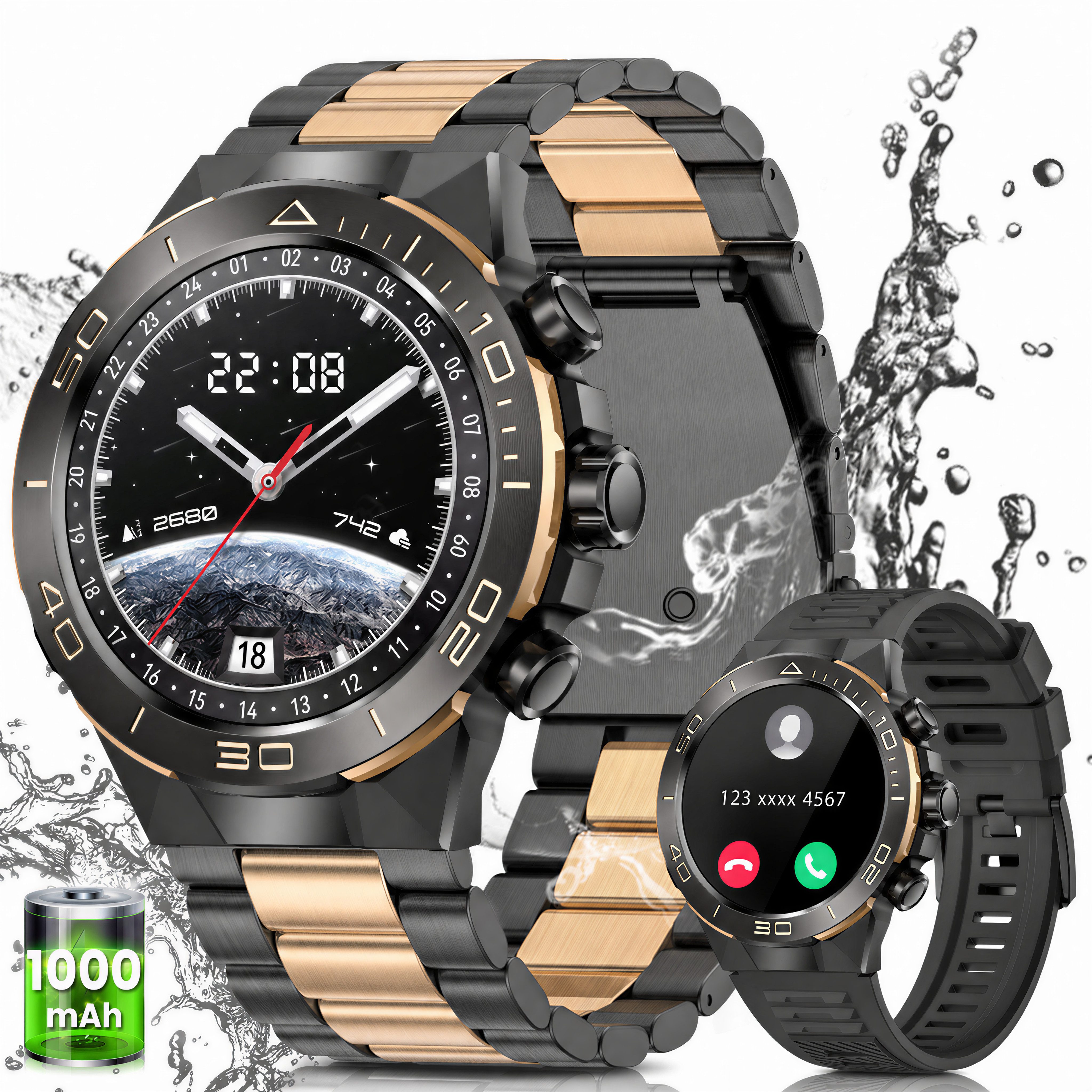 SWGOTA Smartwatch Herren Militär mit Herzfrequenz,Blutdruck,107 Sportmodi Smartwatch (3.63 cm cm/1,43 Zoll), AMOLED-Display Fitnesstracker mit Schlafmonitor,1000mAh,2 Armbänder