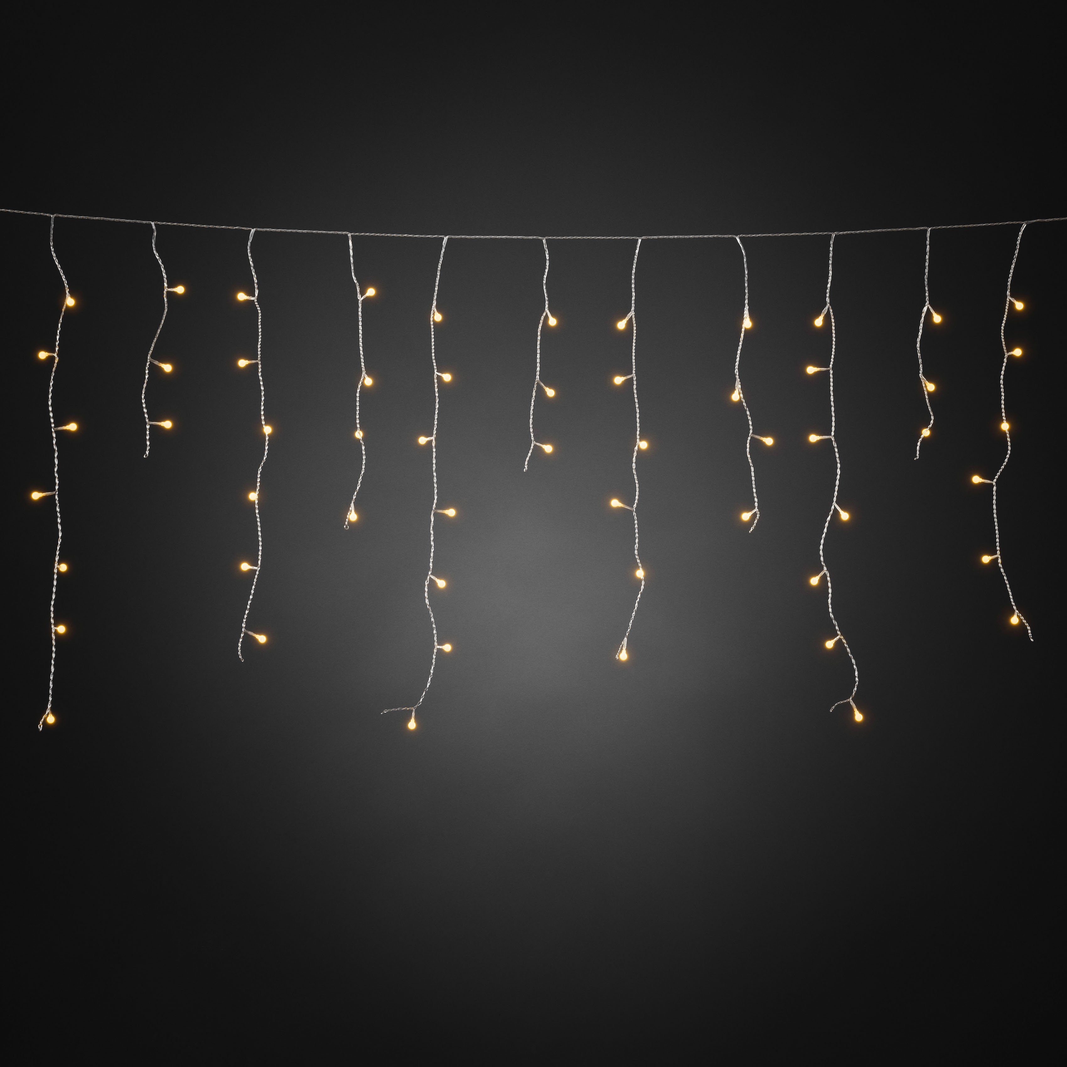 KONSTSMIDE LED-Lichtervorhang Weihnachtsdeko aussen, 200-flammig, LED Eisregen mit weißen Globes, 200 bernsteinfarbene Diode