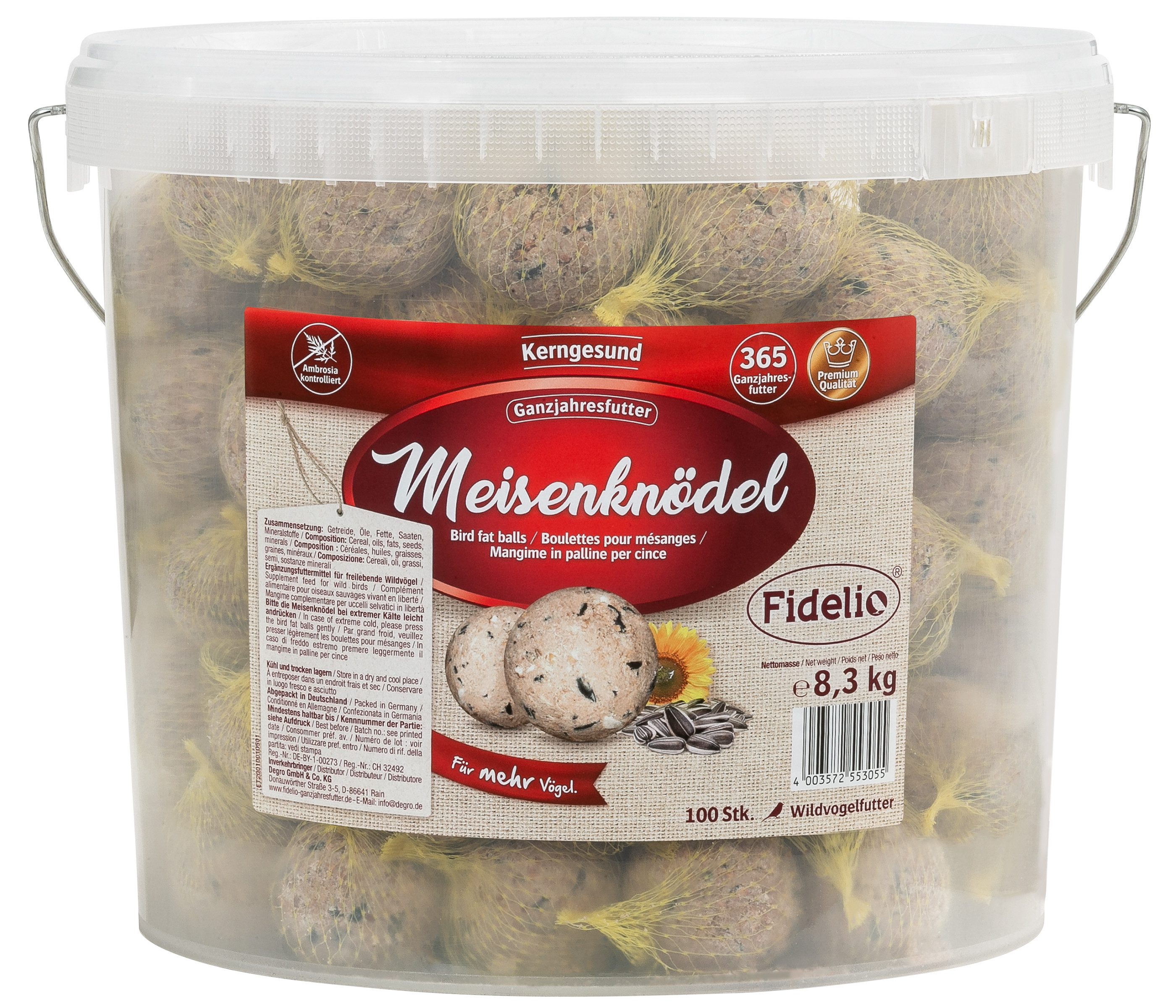 Fidelio Meisenknödel mit Netz, für Wildvögel, 100 Stück im Eimer, 8.3 kg, ganzjähriges Wildvogelfutter, proteinreich und energiereich