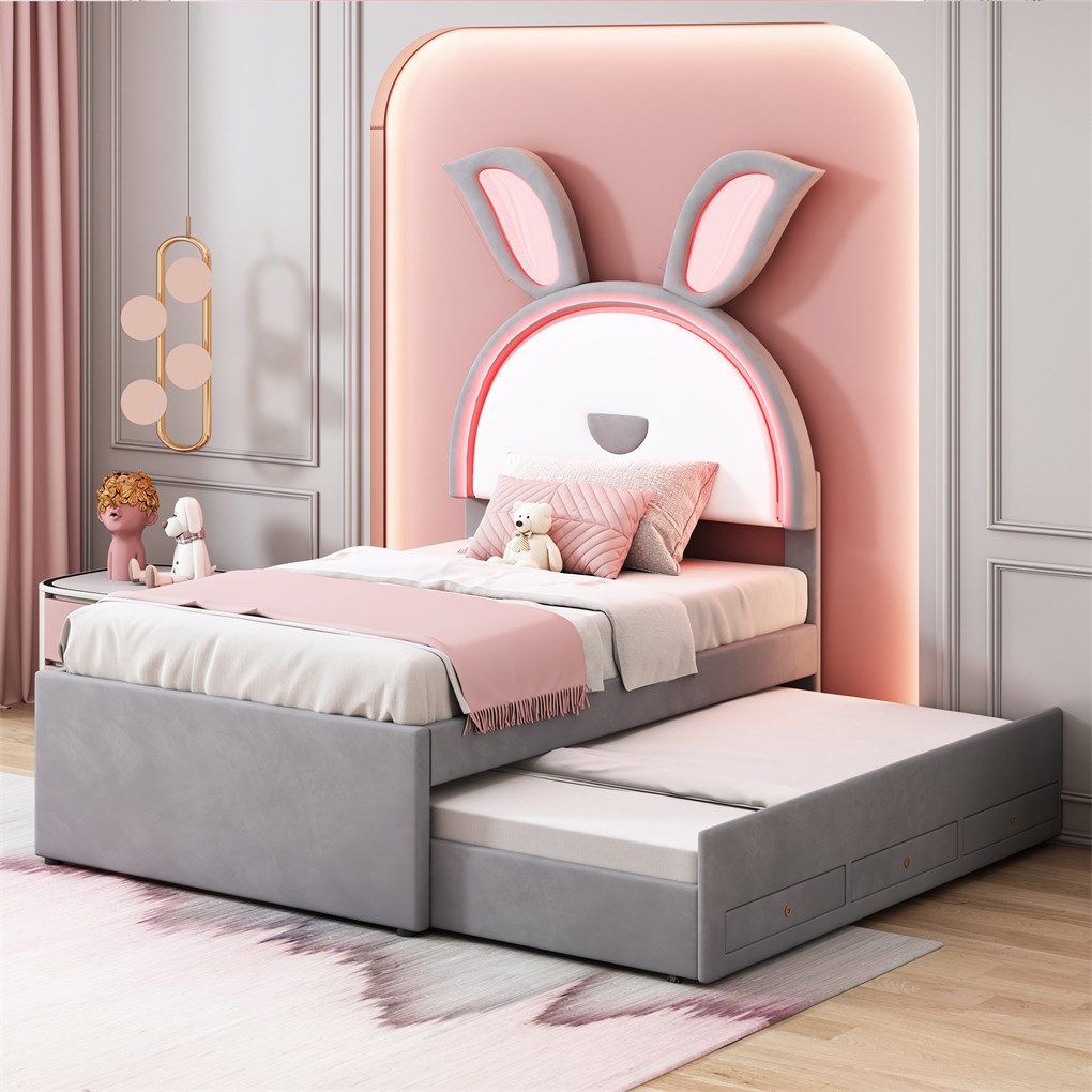 XDeer Kinderbett Polsterbett 90 x 200 cm LED-Licht Samtstoff Multifunktionales, Einzelbett-Schlafsofa mit ausziehbarem Bett, Stauraumschublade