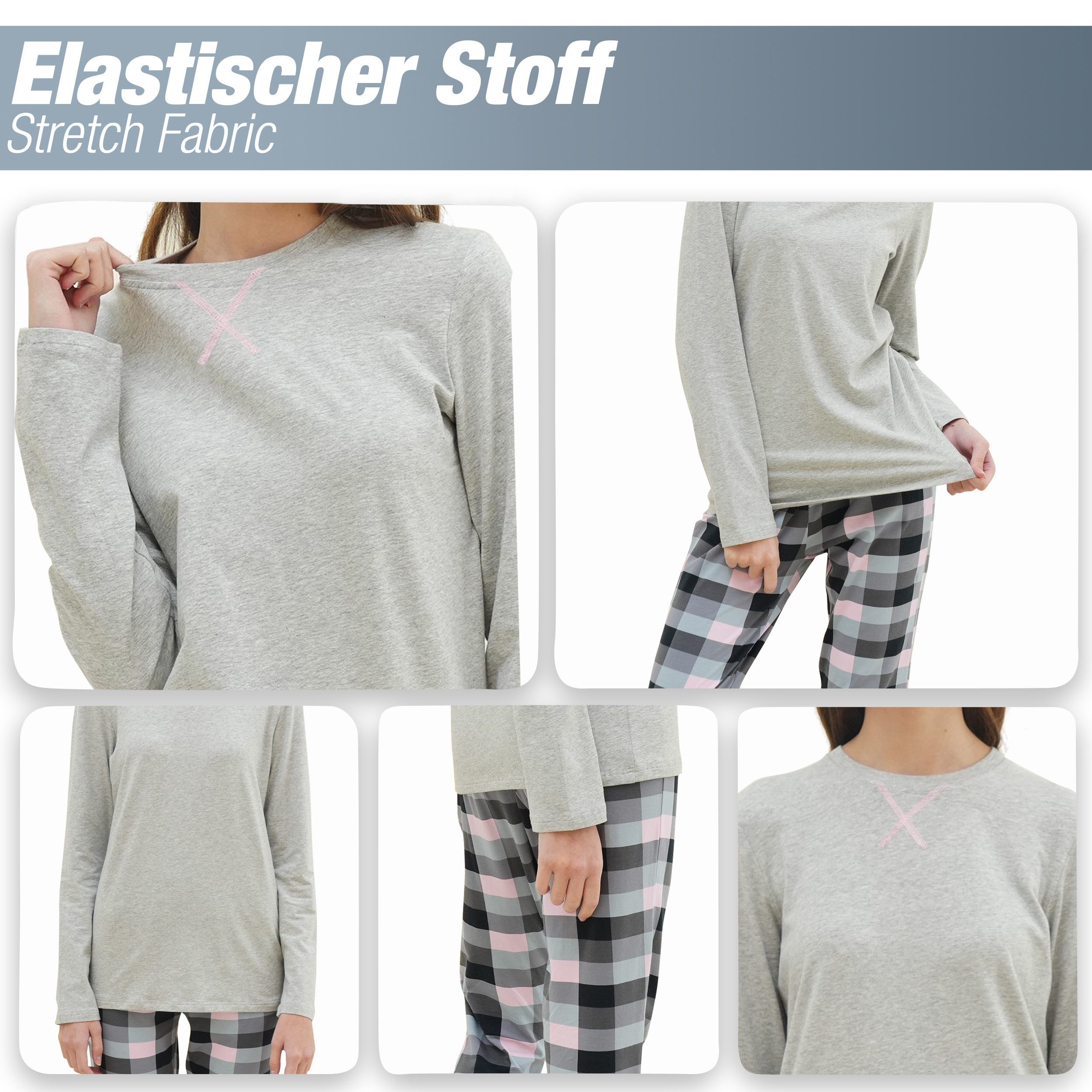 LOREZA Pyjama Mädchen Schlafanzug zweiteilig Set Langarm - Basic Kariert (Set, 2 tlg)