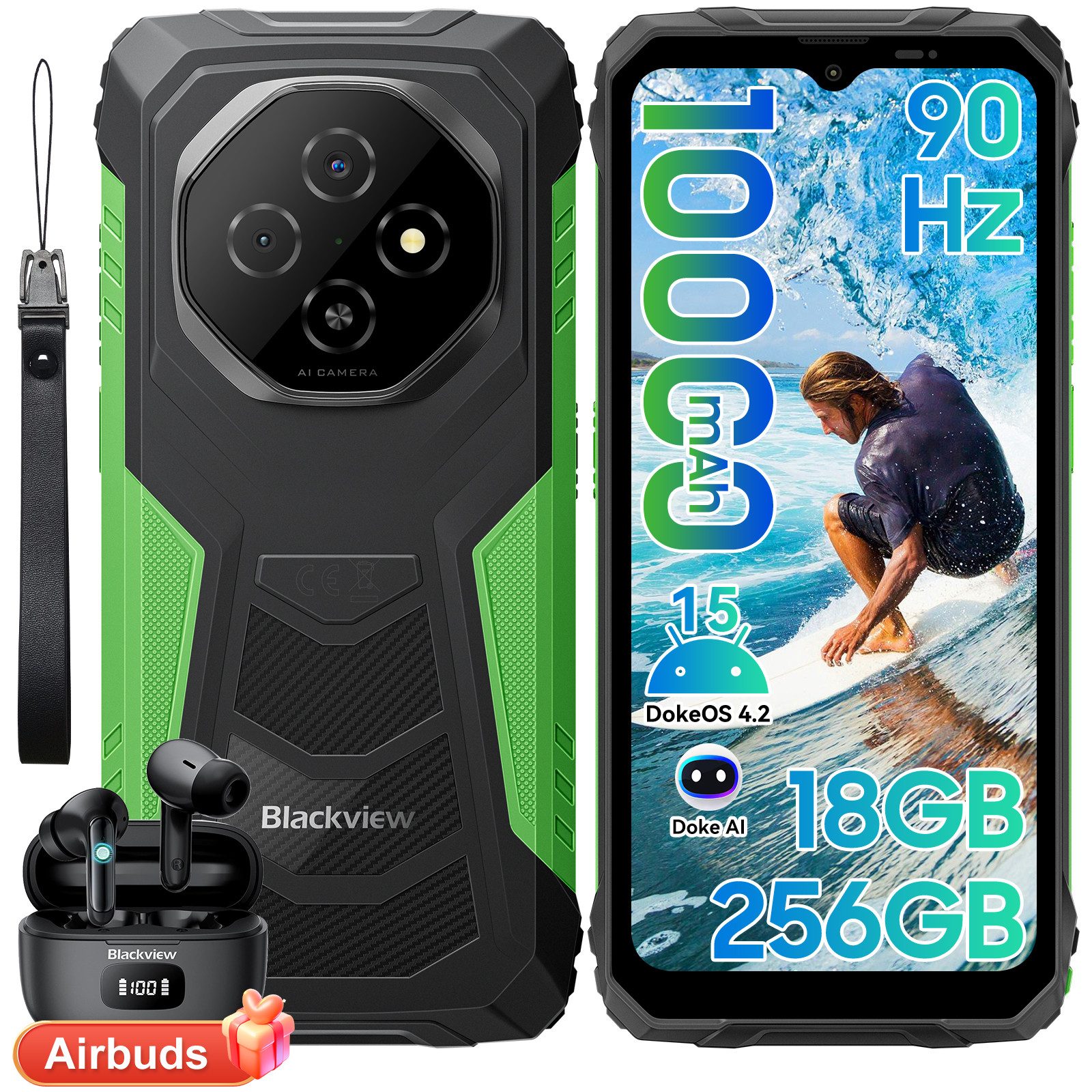 blackview FORT 1 Android 15, AI, incl. Airbuds 8 Outdoor Smartphone (256 GB Speicherplatz, 6.56”, 90Hz, fingerprint, NFC,10000mAh, 18W)