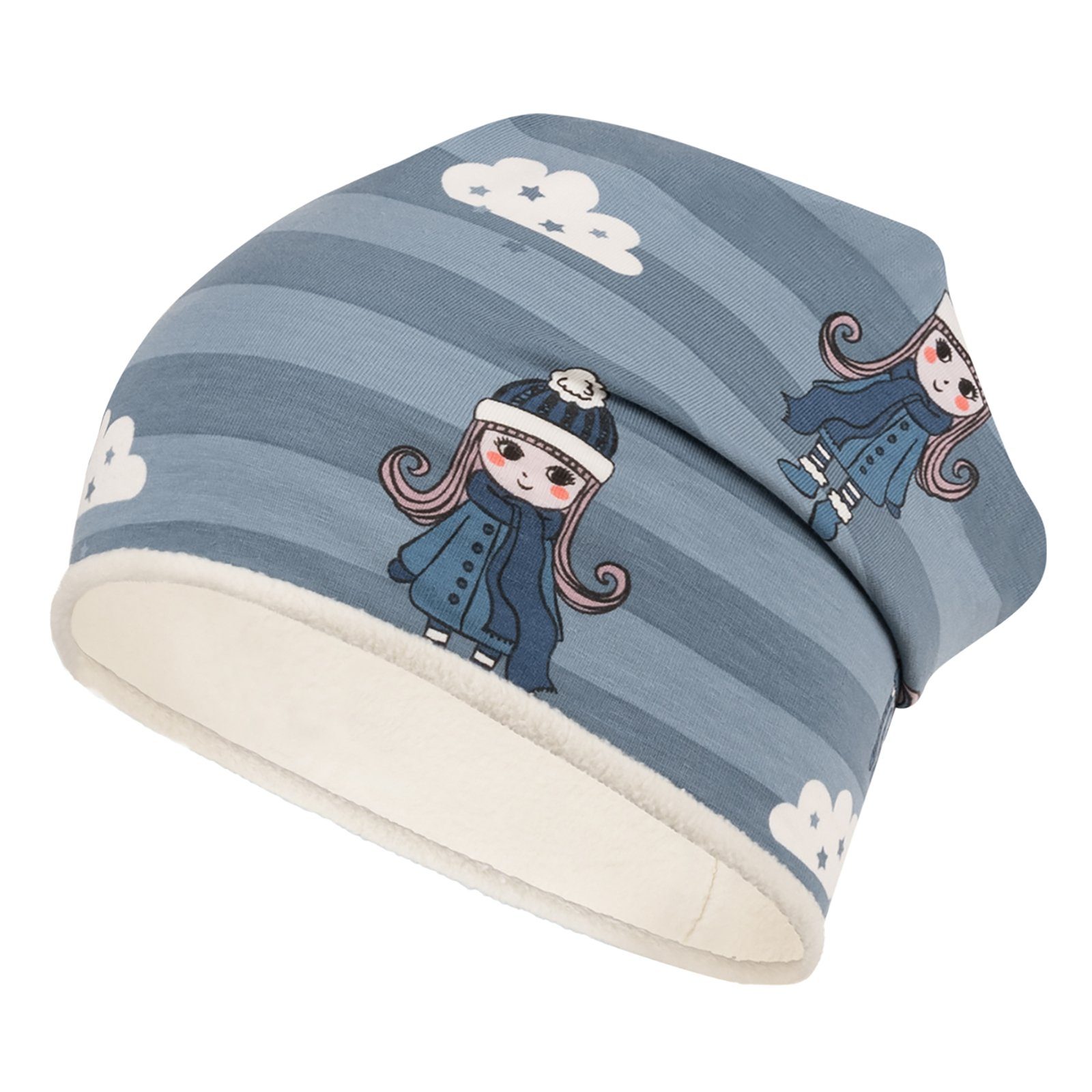 F.P.H. Maja Fleecemütze Winterrmütze Beanie Mädchenmütze Blau-Creme