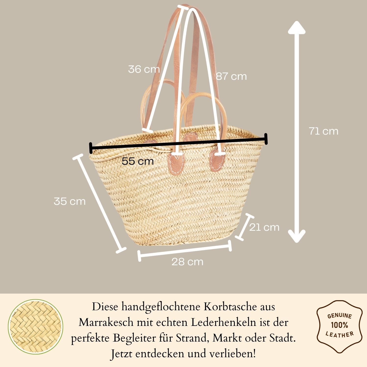 Marrakesch Orient & Mediterran Interior Korbtasche Cesta Natur - Strandtasche Korbtasche 55cm aus Palmblatt & Leder (1-tlg), Handarbeit