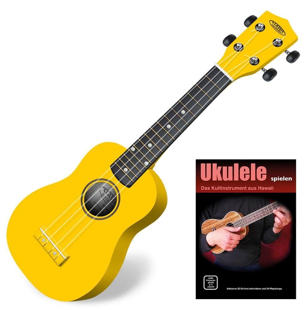 Classic Cantabile Ukulele Sopranukulele (Ukulele, Uke, 15 Bünde, leichtgängige Gitarrenmechanik), Spar-Set inklusive Ukulele-Schule