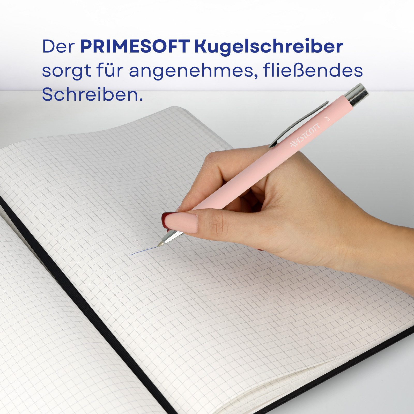 WESTCOTT Notizbuch DIN A4 kariert (2er-Set) inkl. PRIMESOFT Kugelschreiber, 80 g/m² FSC, Innentasche, Lesezeichen, Gummizug, Stifthalter – Bild 5 von 5