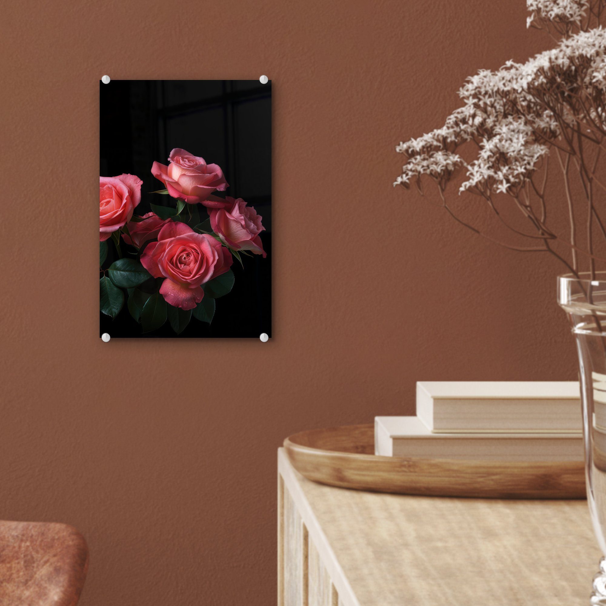 Rosen Natur - St), Blumen Foto - Schwarz, - Glas auf - Glasbilder - Wandbild MuchoWow Glas - Bilder (1 auf - Acrylglasbild Wanddekoration Rosa