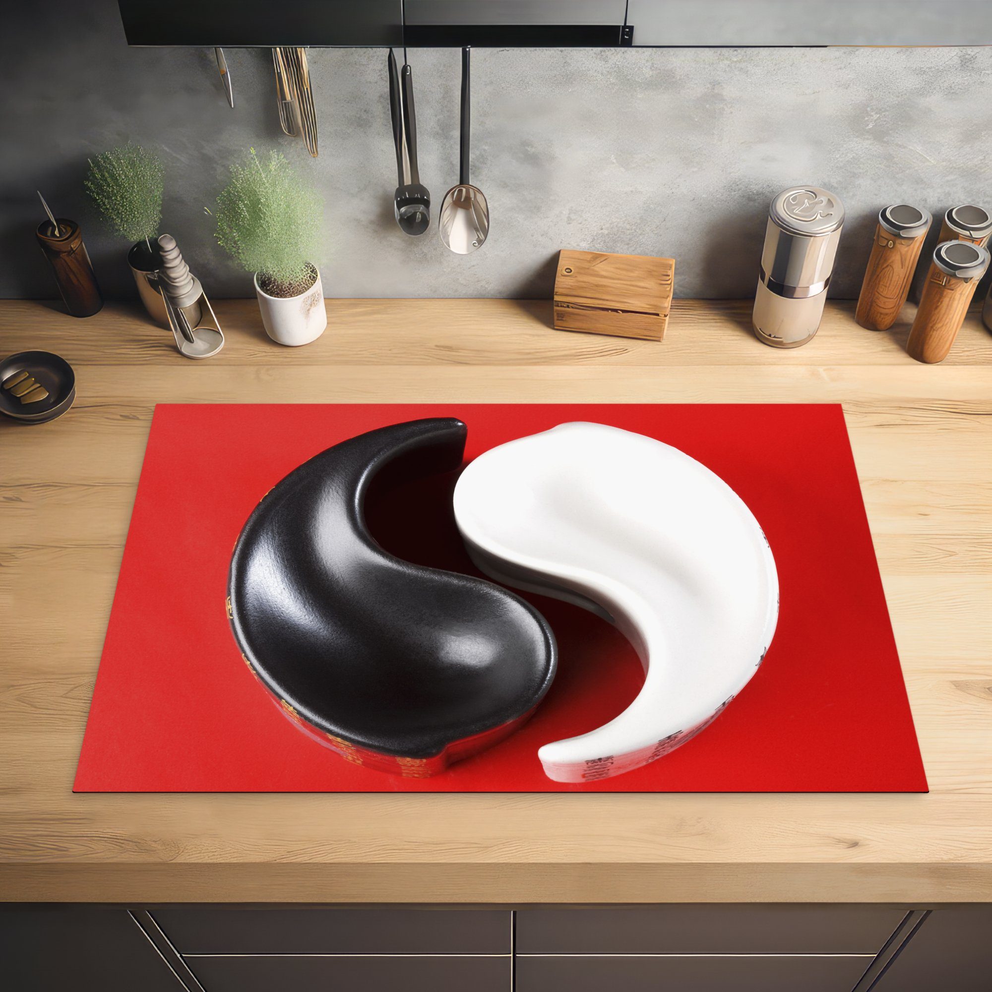 MuchoWow Herdblende-/Abdeckplatte Yin (1 Yang roten Schutz Hintergrund, die 81x52 cm, tlg), Vinyl, Ceranfeldabdeckung Induktionskochfeld küche, vor und für einem Aschenbecher