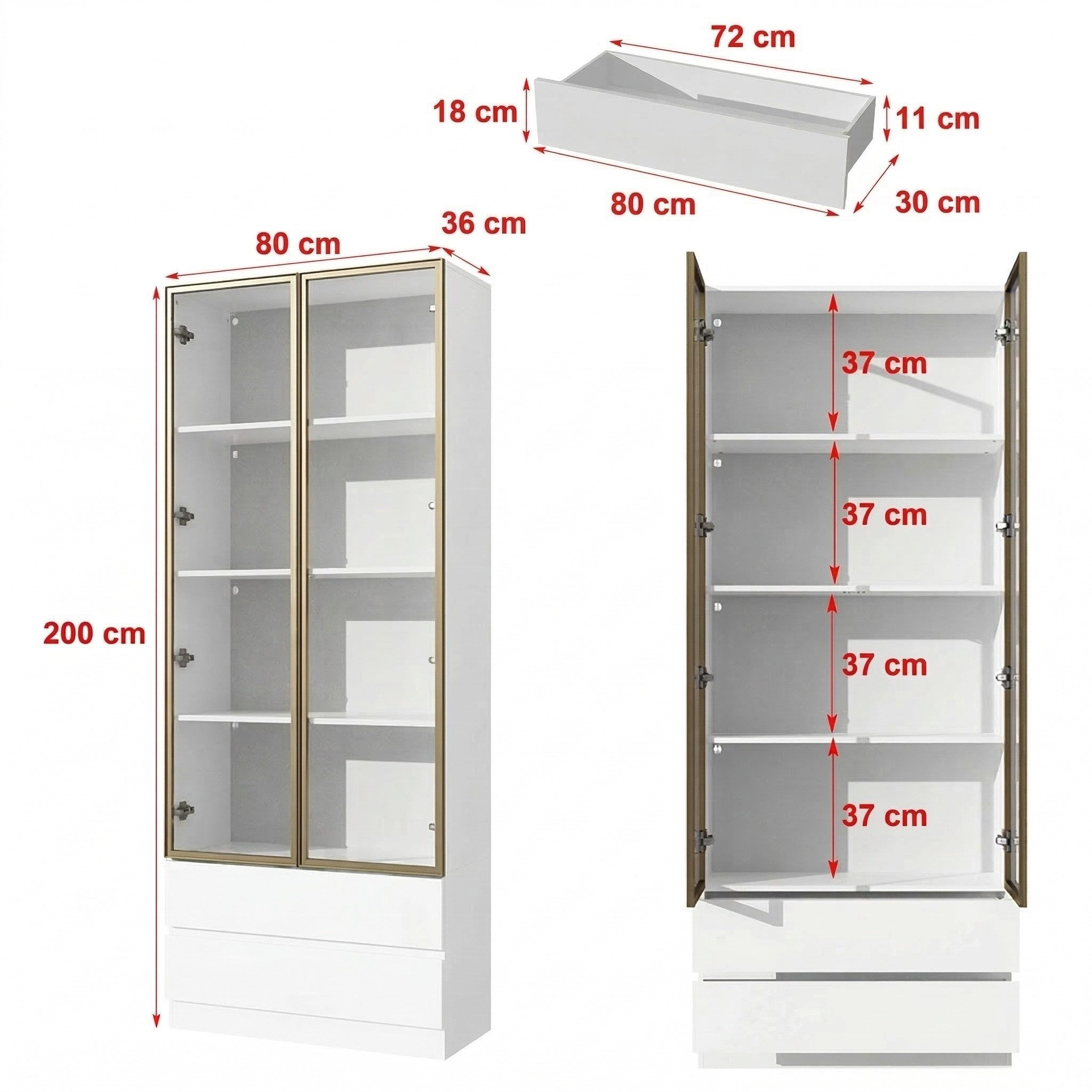 FUFU&GAGA Glasvitrine LED Sammlervitrine 175-200cm hoch, Push-to-Open, Weiß/Schwarz – Bild 5 von 5