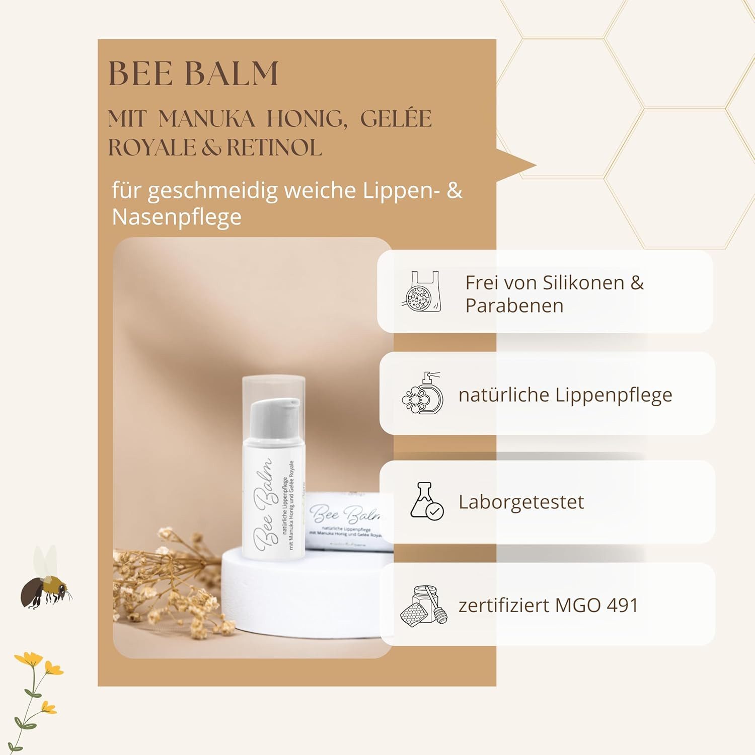 bedrop Lippenbalsam Bee Balm - natürliche Lippenpflege mit Manuka Honig & Gelée Royale, mit hochwertigem Gelée Royale & Retinol (Vitamin A & E)