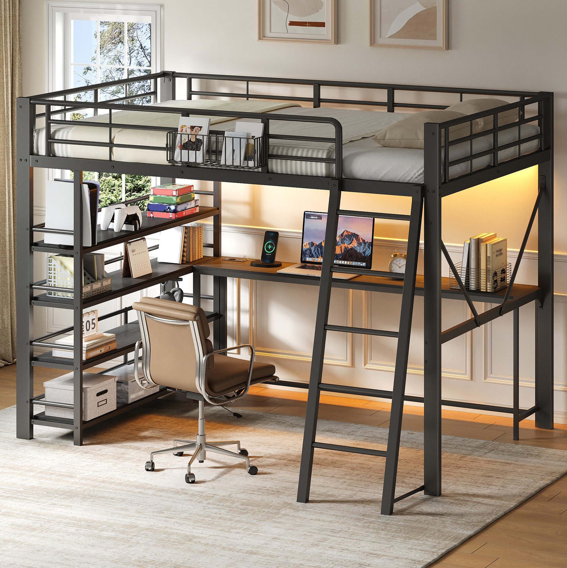 MODFU Hochbett Bett mit integriertem Tisch und praktischer USB Ladefunktion (Packung, 1-St., Erhöhtes Schlafbett mit Körben und flexiblen Staufächern) 140x200 cm Metallbett Aufbau Schwarz mit LED Licht ohne Matratze