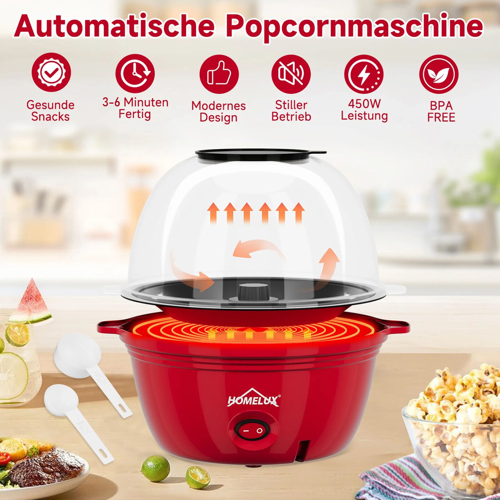 HOMELUX 2-in-1-Popcornmaschine 2.5L Popcorn Maker 450W inkl. 2 Löffel 3 Minuten Schnell Snack Popper, Deckel als Servierschale, Automatisches Rühren, Mini & Retro-Design