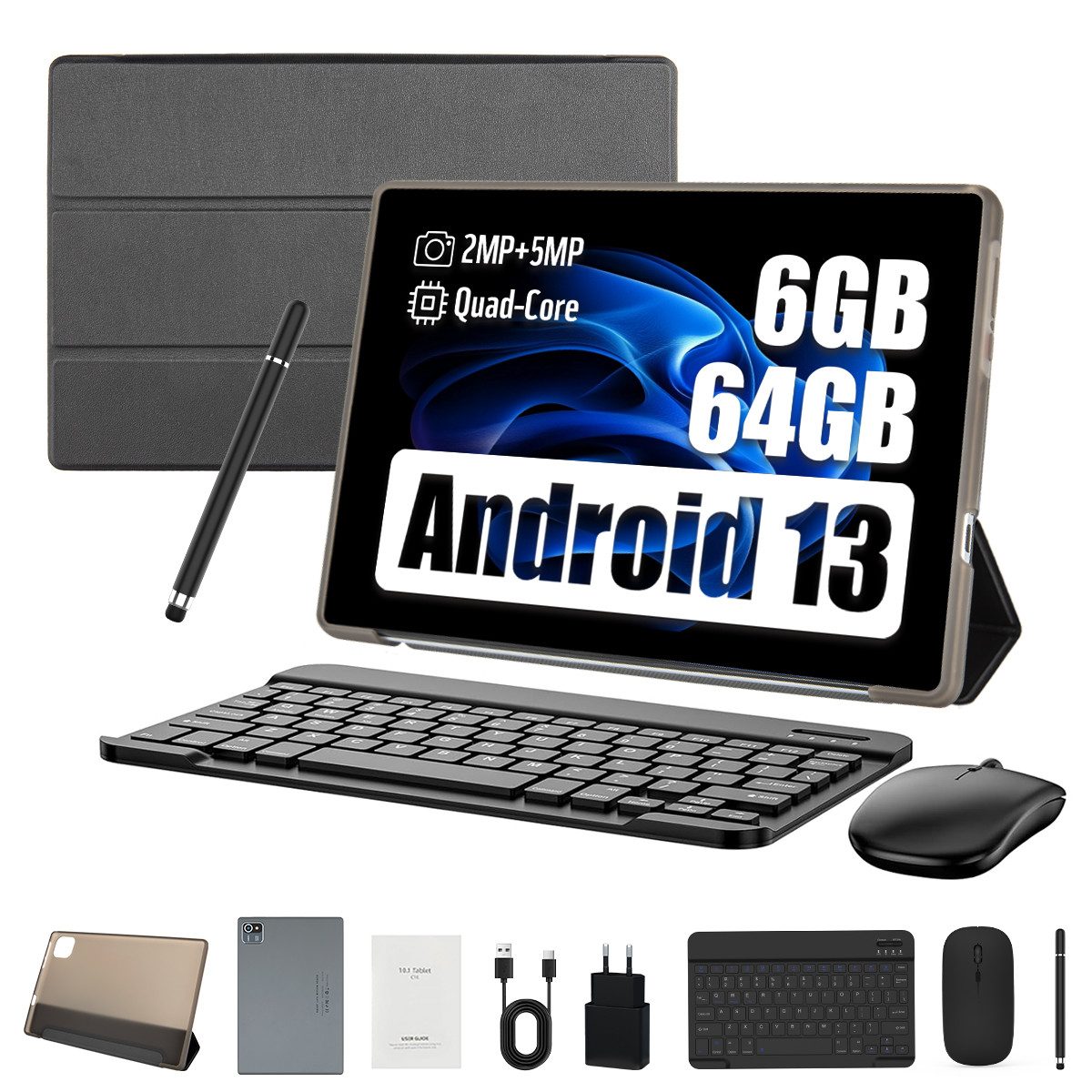 BUFO 10 Zoll Android 64 GB, 1280x800 HD IPS, mit Tastatur & Stift Set Tablet (10", 64 GB, Android, Android 13, mit Tastatur/Stift/Maus/Schutzhülle, Widevine L1)