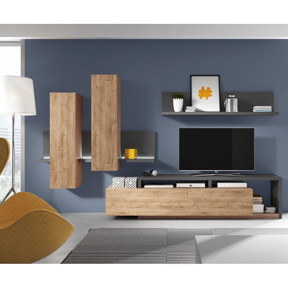 Lomadox Wohnwand BEXLEY-83, (3-St), Eiche Ribbeck Beleuchtung Absetzungen anthrazit 300/200/45 cm