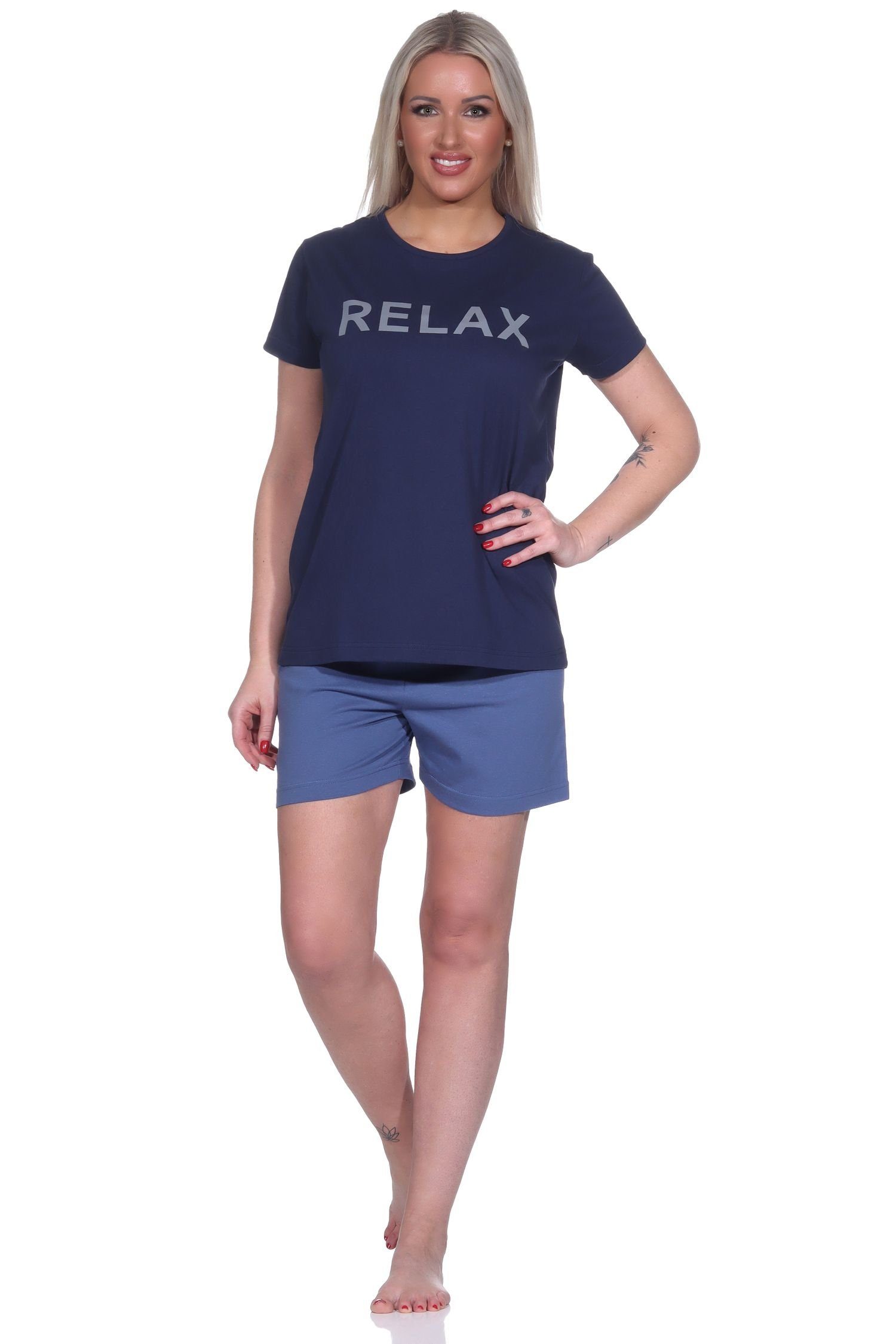 RELAX by Normann Pyjama Damen Shorty Schlafanzug kurzarm mit tollem Front-Print - 122 10 905 marine
