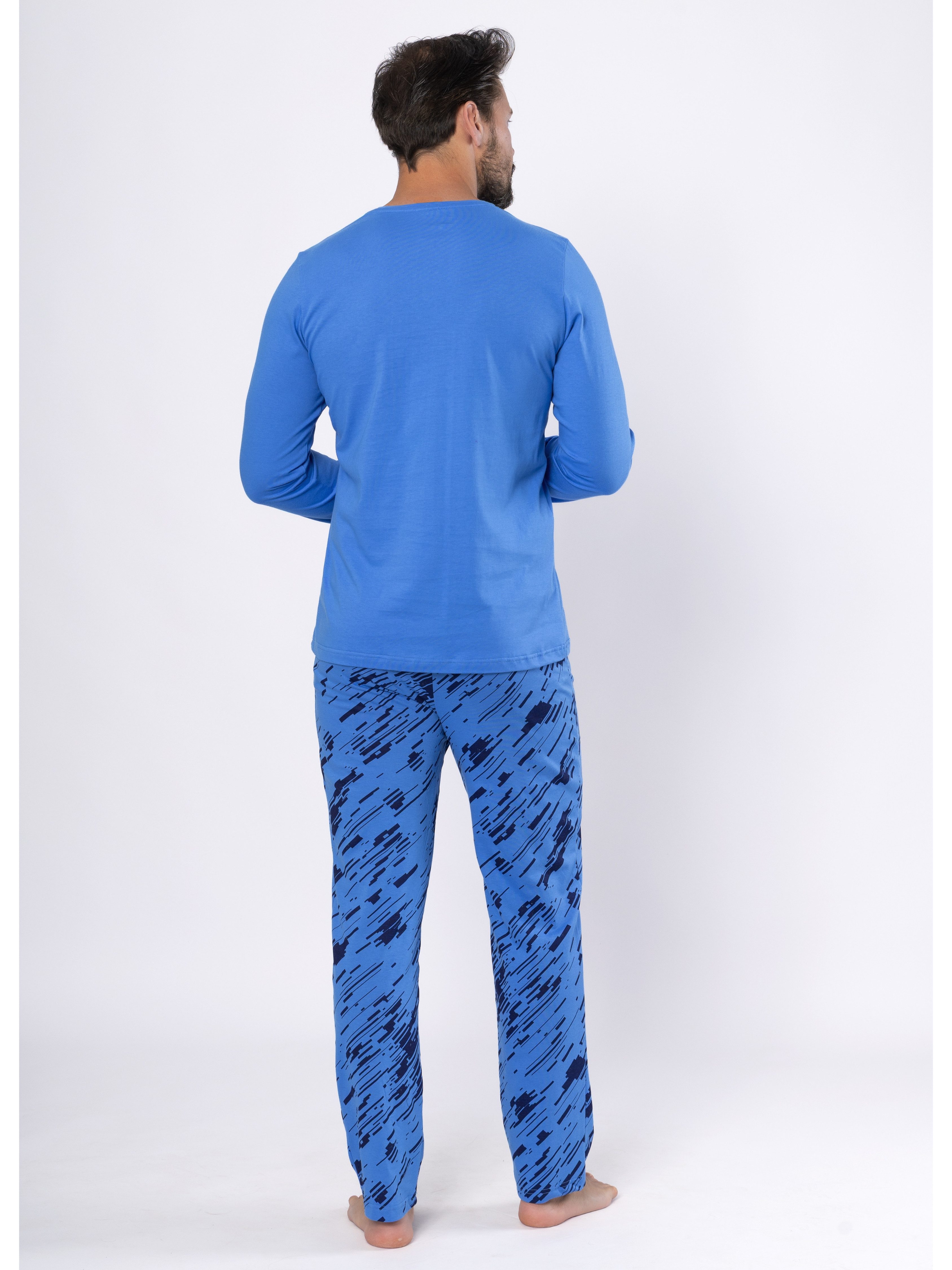 HOTBERG Pyjama Schlafanzug-Set Herren lang Baumwolle (2 tlg) Blau-Marine Nachtwäsche mit All-Over-Print – Bild 5 von 5