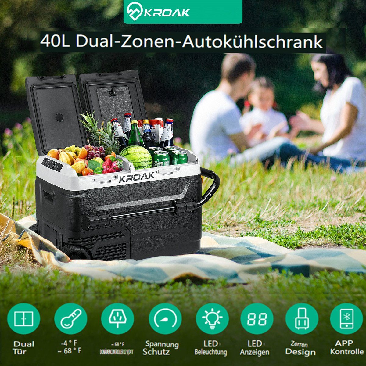 KROAK Outdoor-Flaschenkühler, 40L elektrische Kompressor-Kühlbox  Dual-zonenfunktion, APP-Steuerung