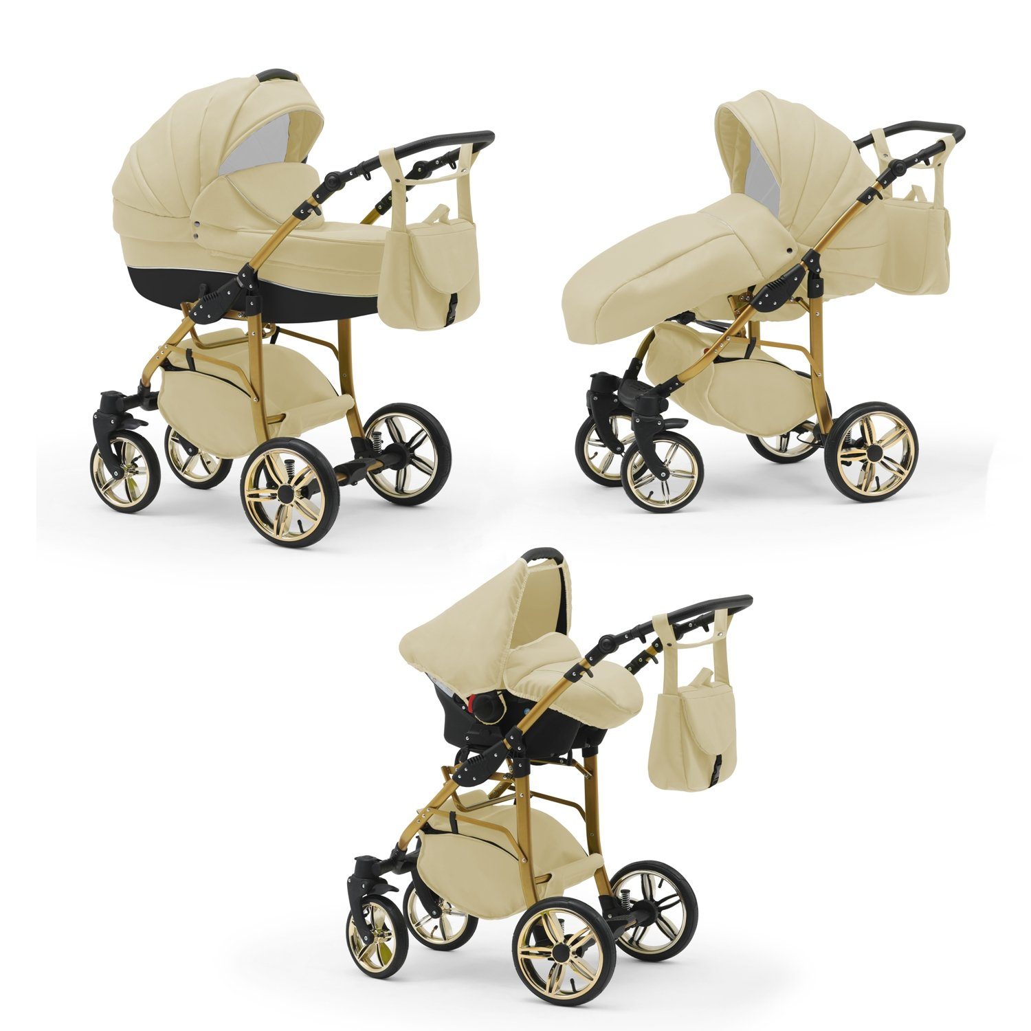 babies-on-wheels Kombi-Kinderwagen 3 in 1 Kinderwagen-Set Cosmo ECO Gold - 16 Teile - in 46 Farben Beige